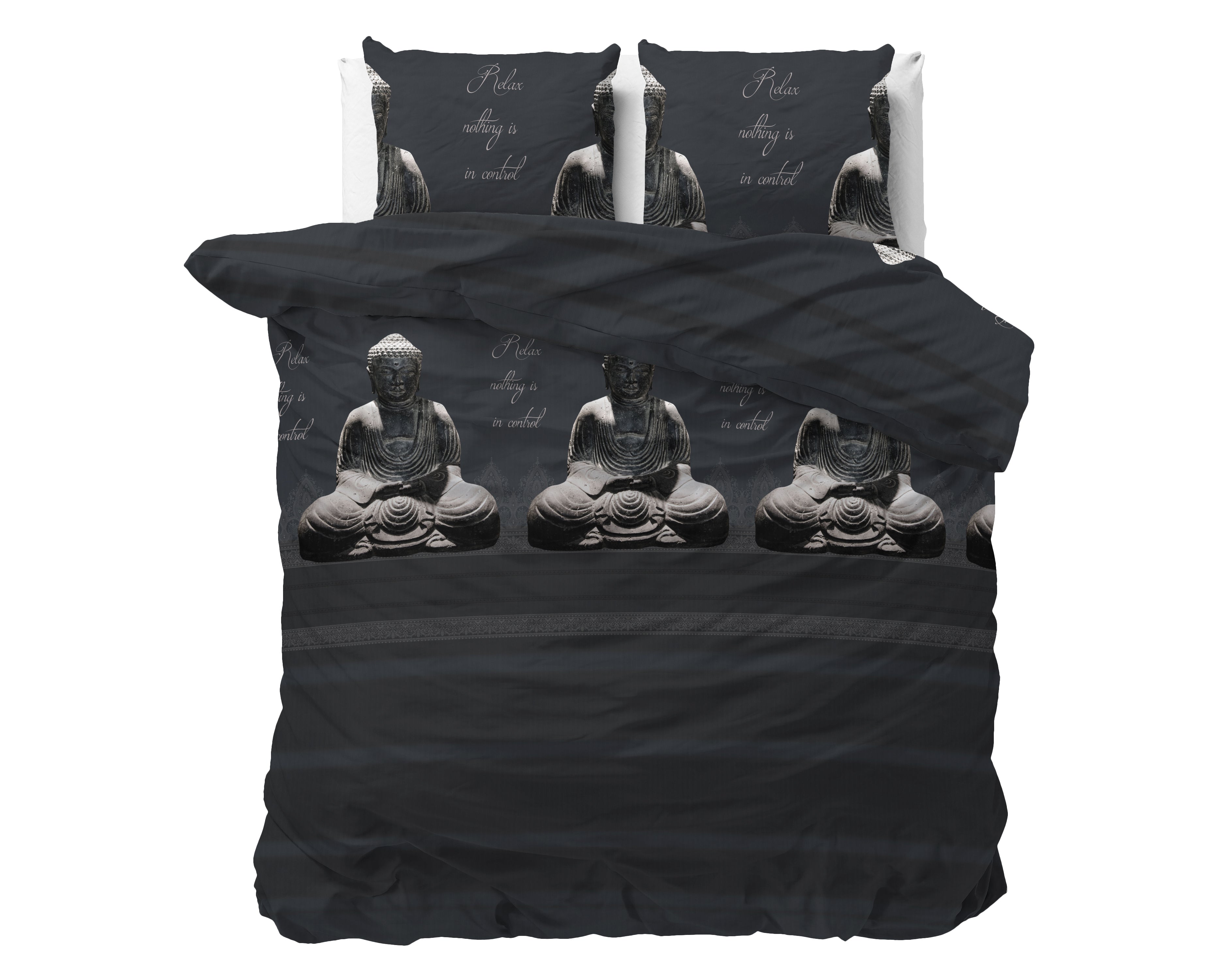 Buddha Dekbedovertrek Antraciet - Katoen geweven - Strijkvrij - Leuke prints