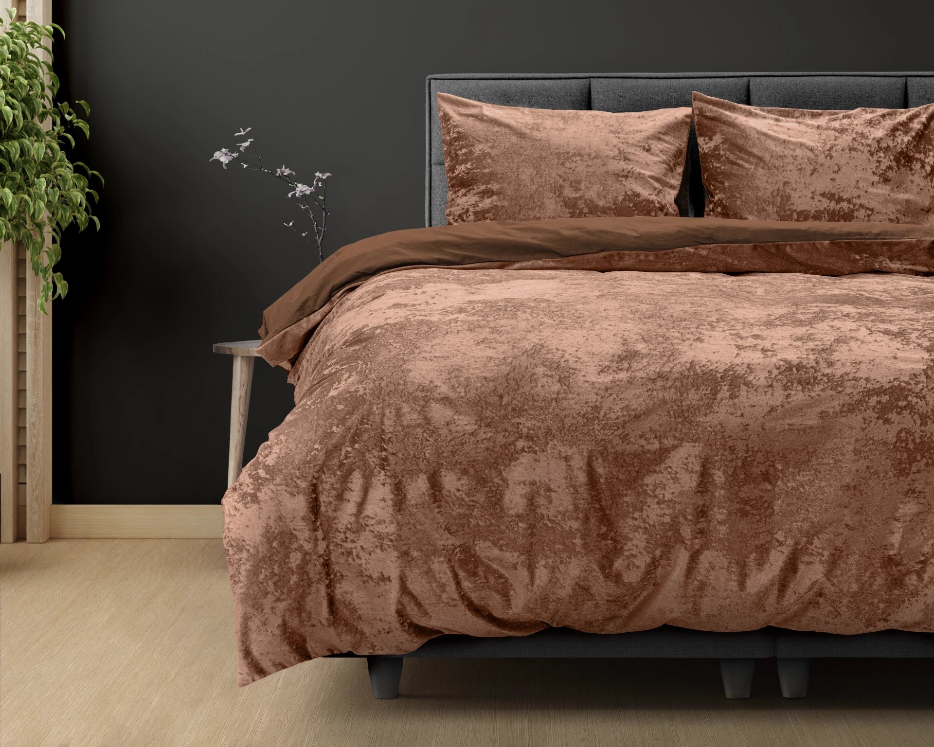 Crushed Velvet Duvet Cover Cotton Wood Brown - Unique Design - Washed Effect - Luxurious Feel