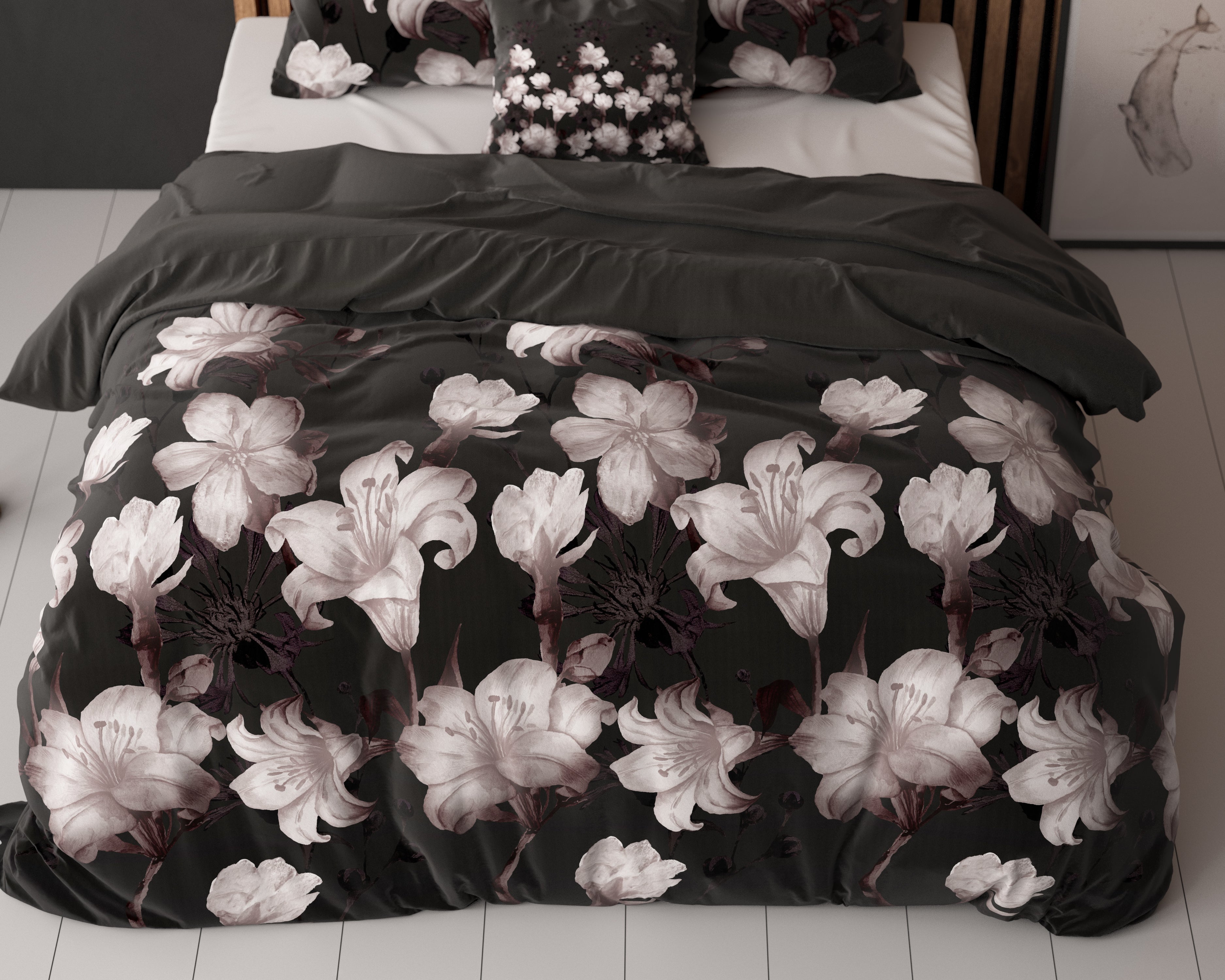 Dark Flower Dekbedovertrek Zwart - Katoen geweven - Strijkvrij - Leuke prints
