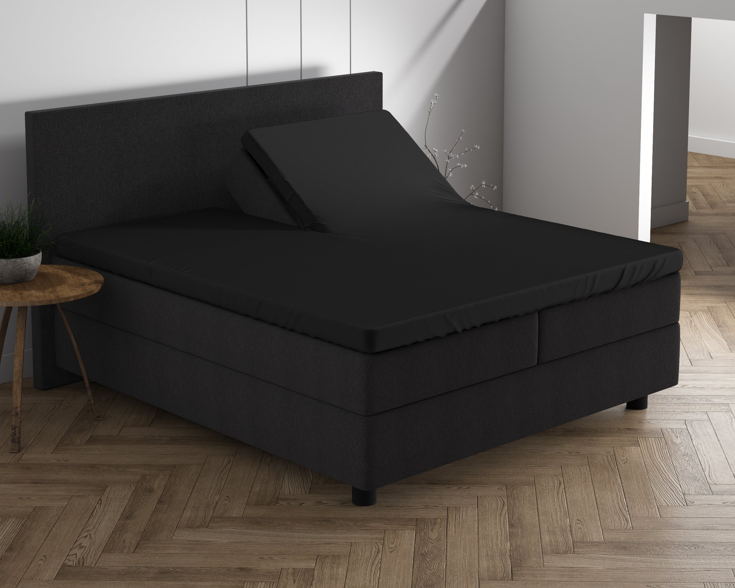 Dubbel Jersey 220 gr. Splittopper Hoeslaken Zwart - Heerlijk Zacht - Geschikt voor hoge en lange toppers - Stretch katoen