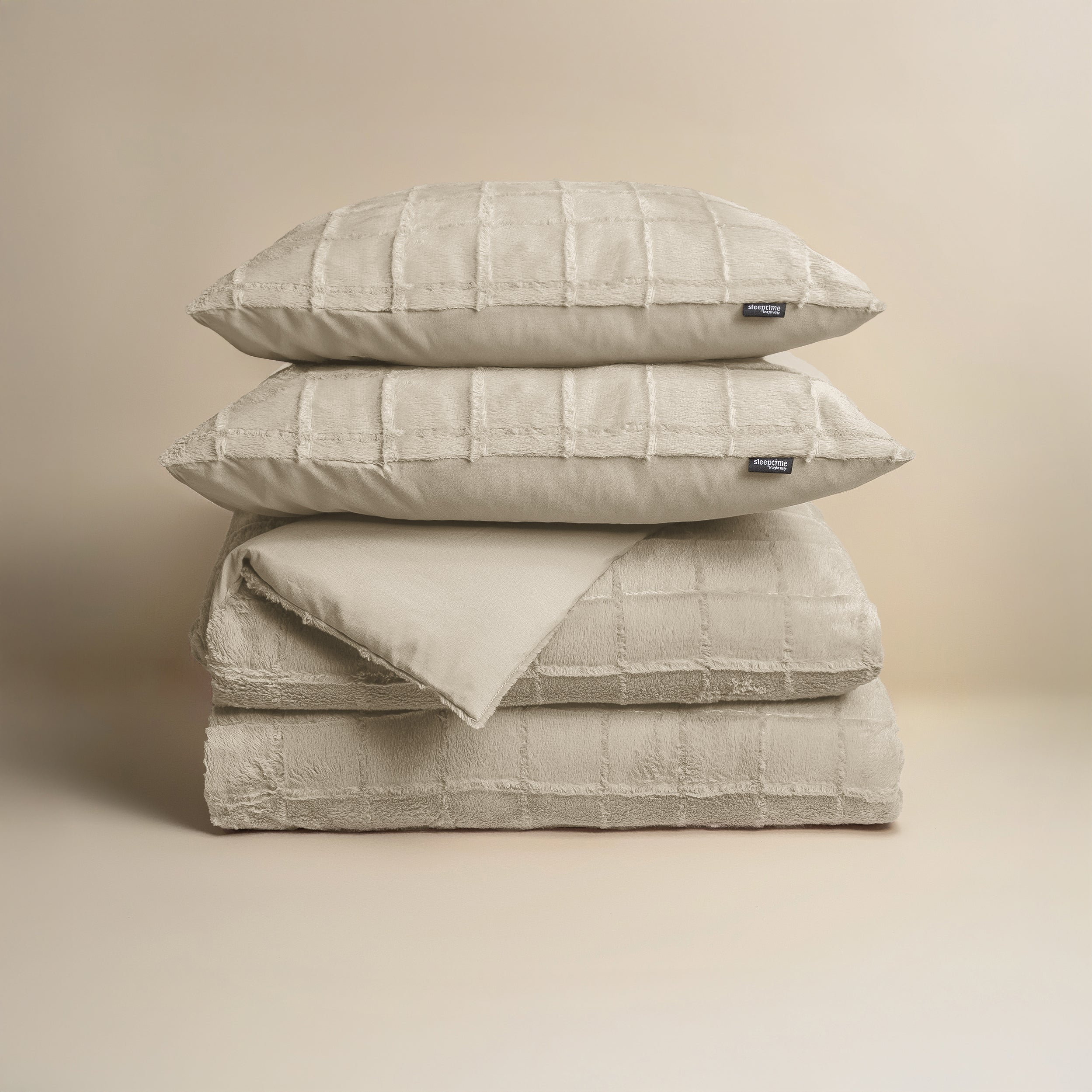 Faux Fur Check Dekbedovertrek Beige - Heerlijk zacht - Chique design - Nepbont