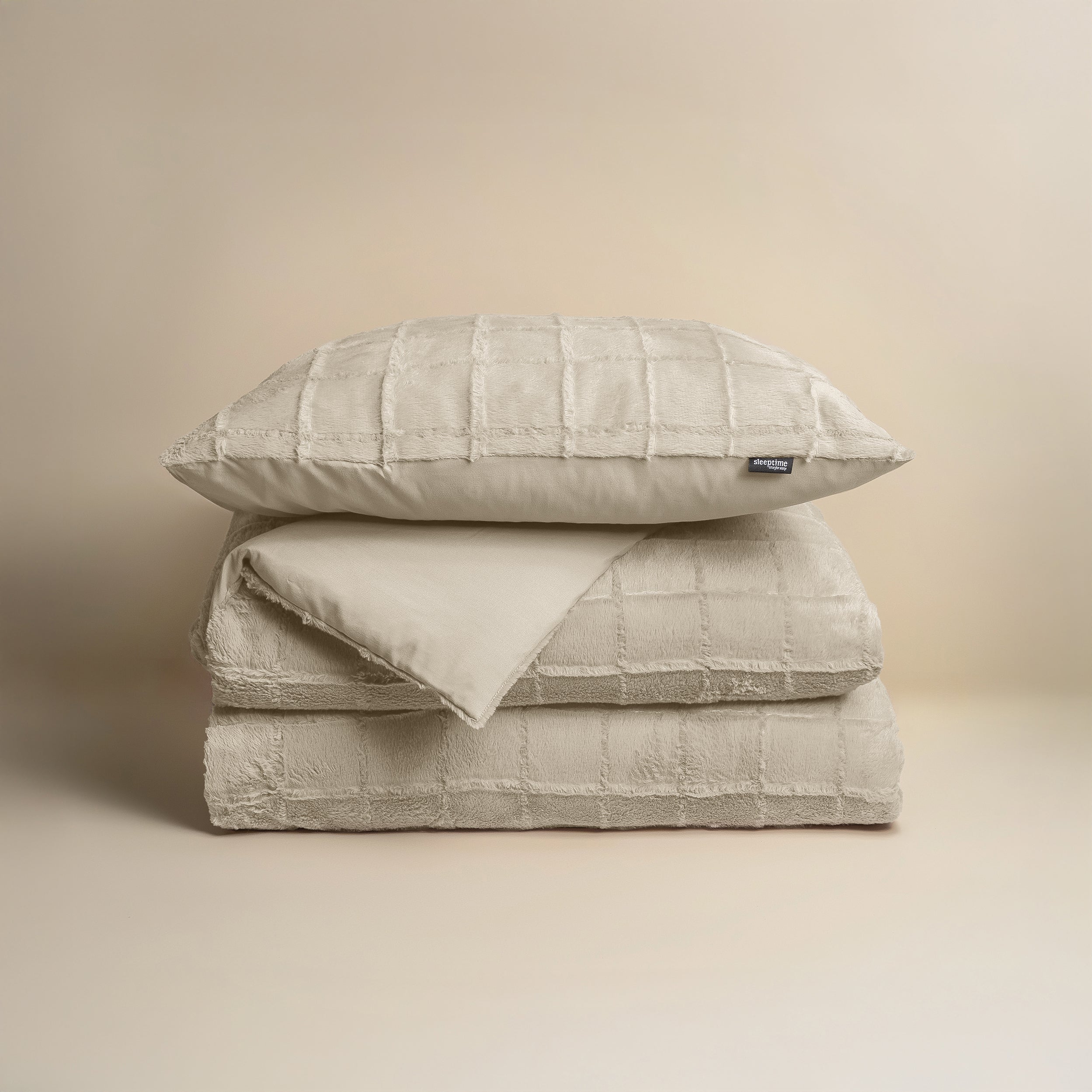 Faux Fur Check Dekbedovertrek Beige - Heerlijk zacht - Chique design - Nepbont