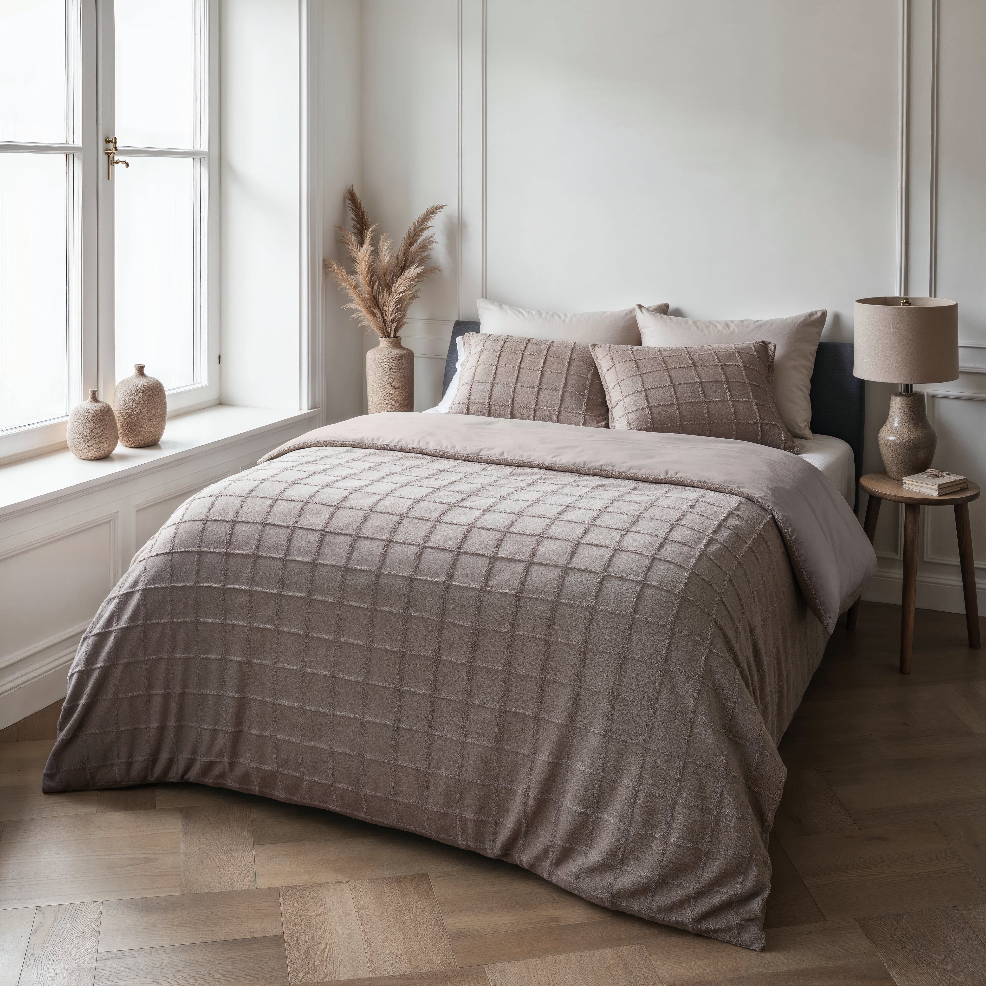 Faux Fur Check Dekbedovertrek Taupe - Heerlijk zacht - Chique design - Nepbont