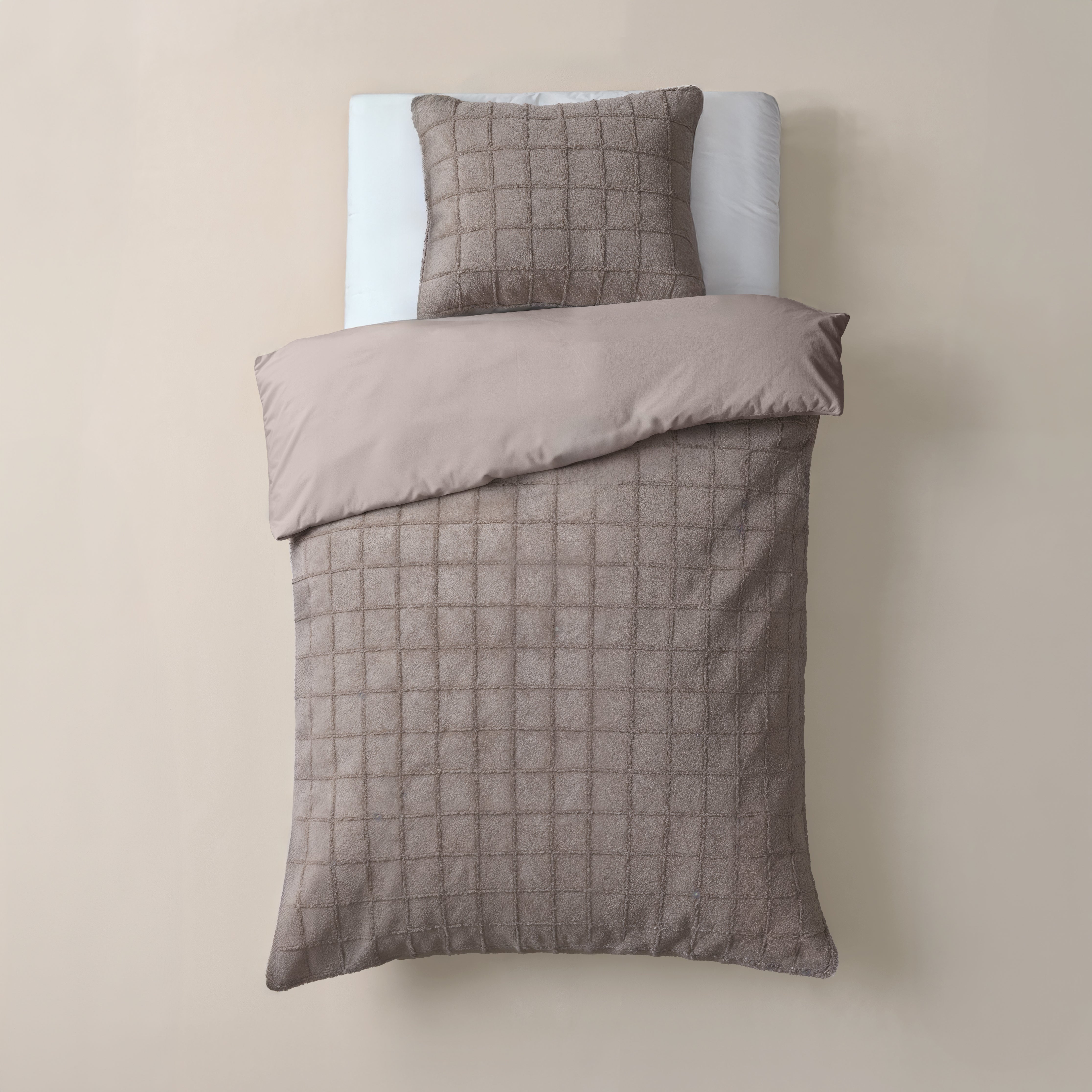 Faux Fur Check Dekbedovertrek Taupe - Heerlijk zacht - Chique design - Nepbont