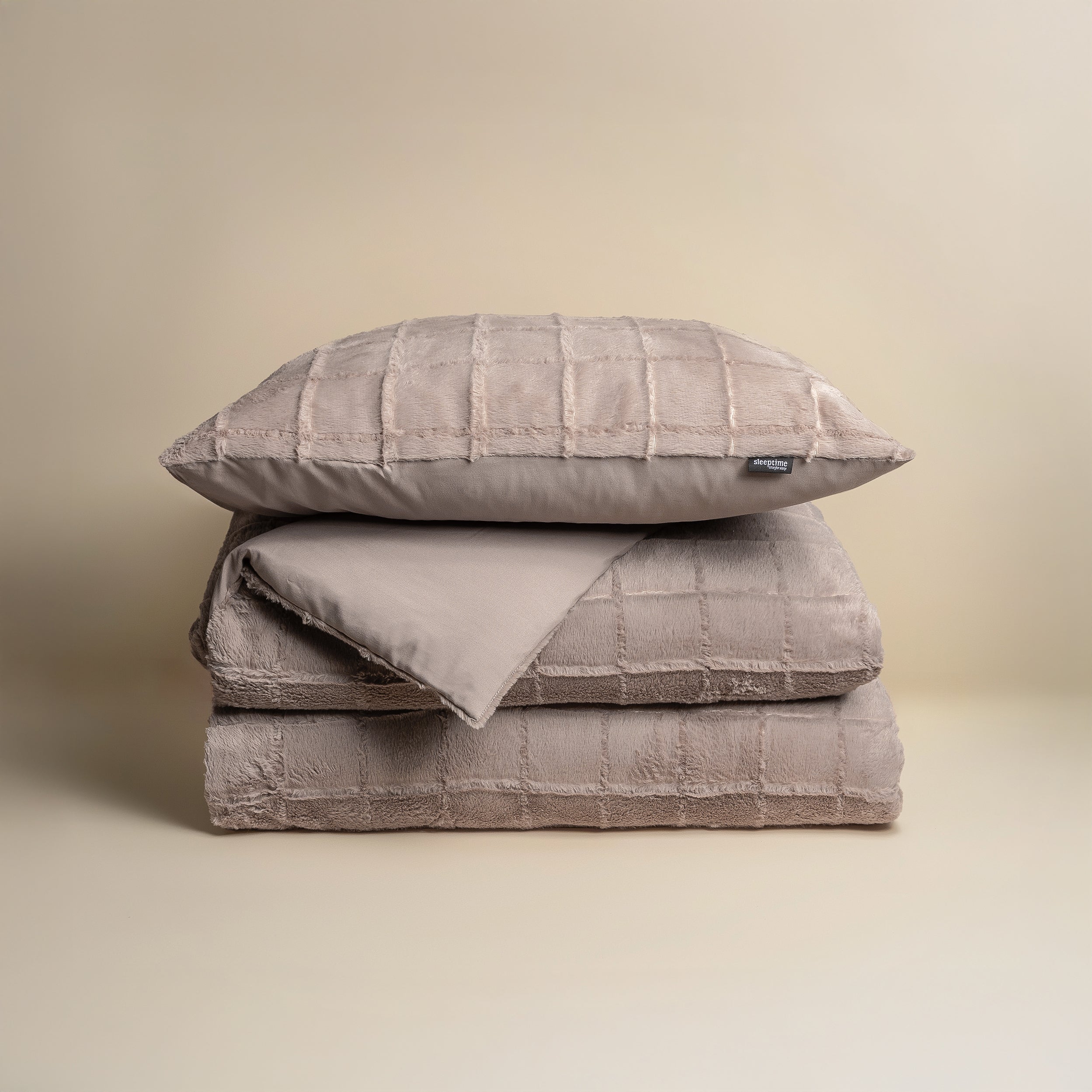 Faux Fur Check Dekbedovertrek Taupe - Heerlijk zacht - Chique design - Nepbont