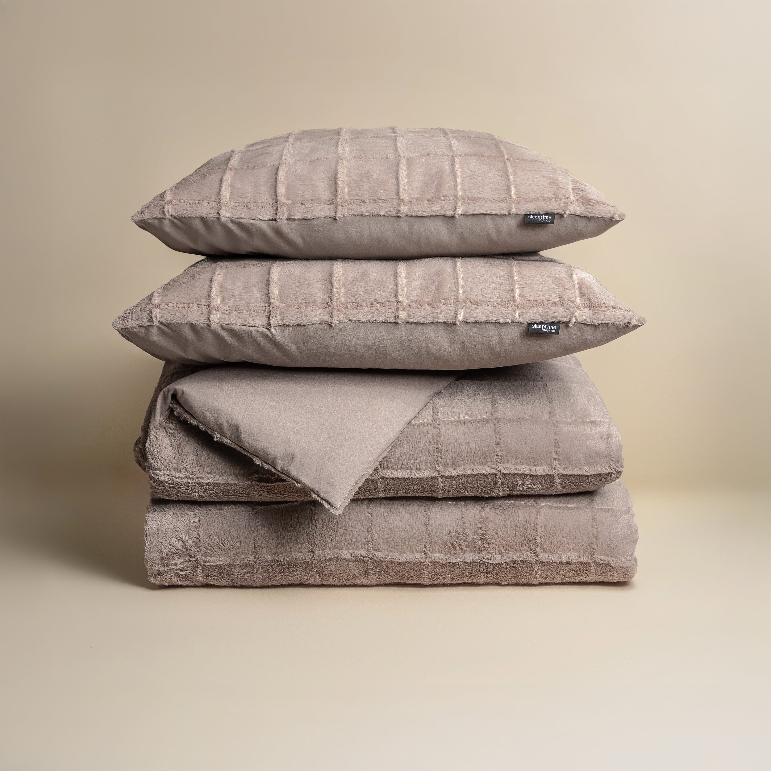 Faux Fur Check Dekbedovertrek Taupe - Heerlijk zacht - Chique design - Nepbont