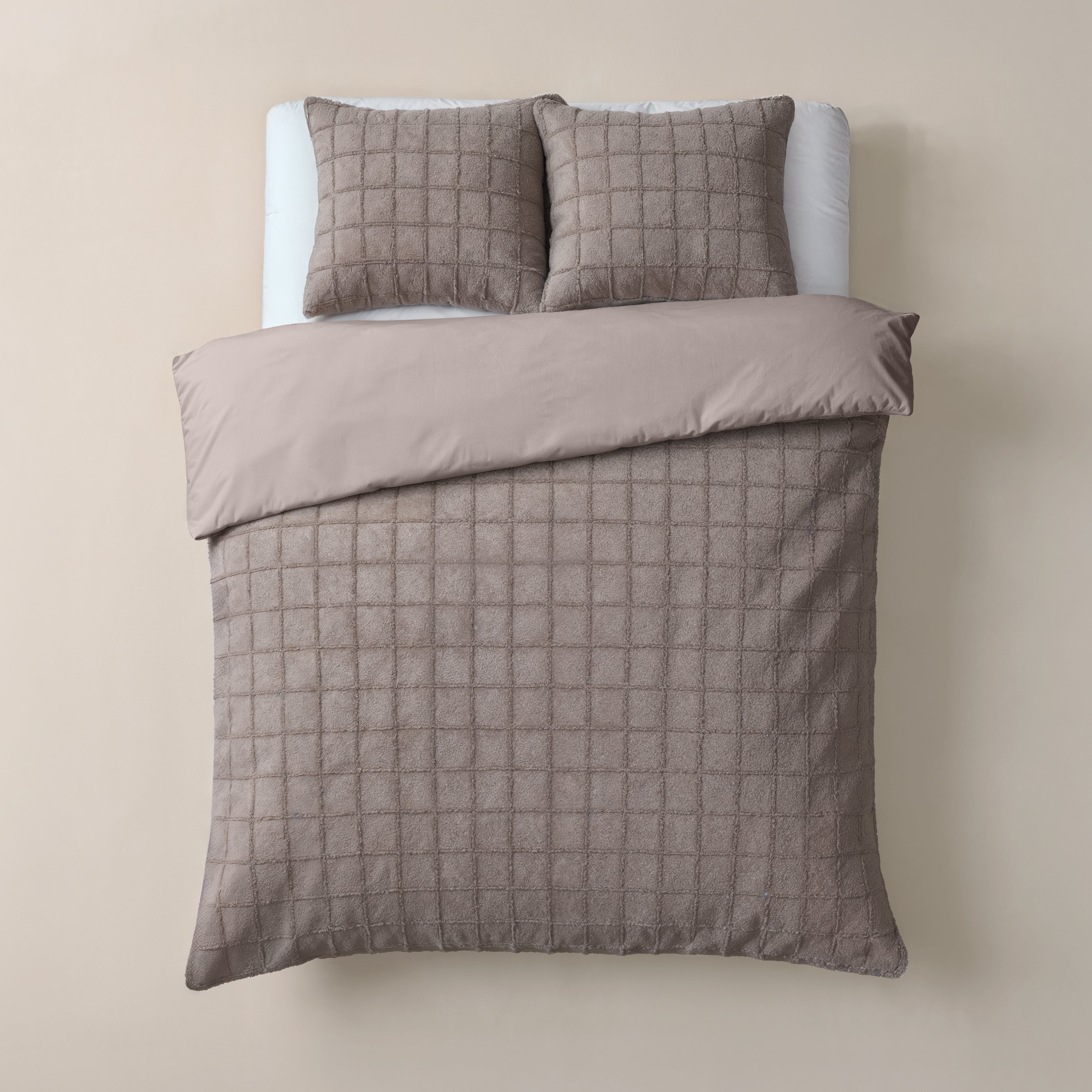 Faux Fur Check Dekbedovertrek Taupe - Heerlijk zacht - Chique design - Nepbont