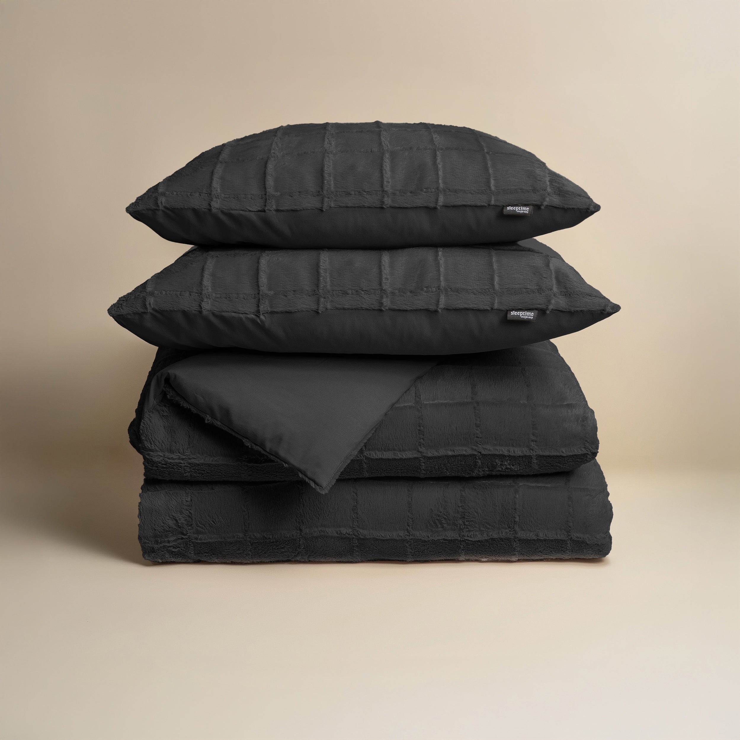 Faux Fur Check Dekbedovertrek Zwart - Heerlijk zacht - Chique design - Nepbont