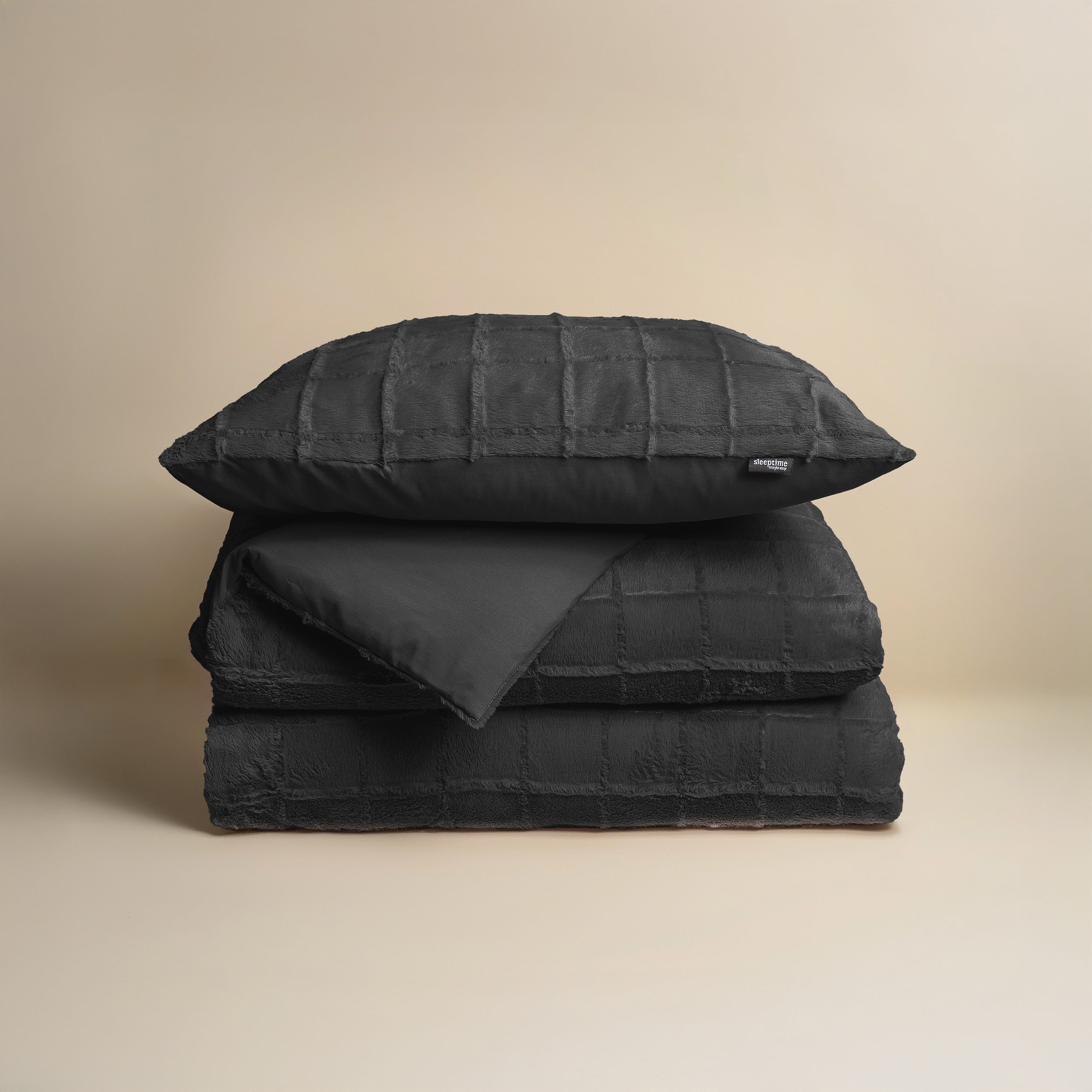 Faux Fur Check Dekbedovertrek Zwart - Heerlijk zacht - Chique design - Nepbont