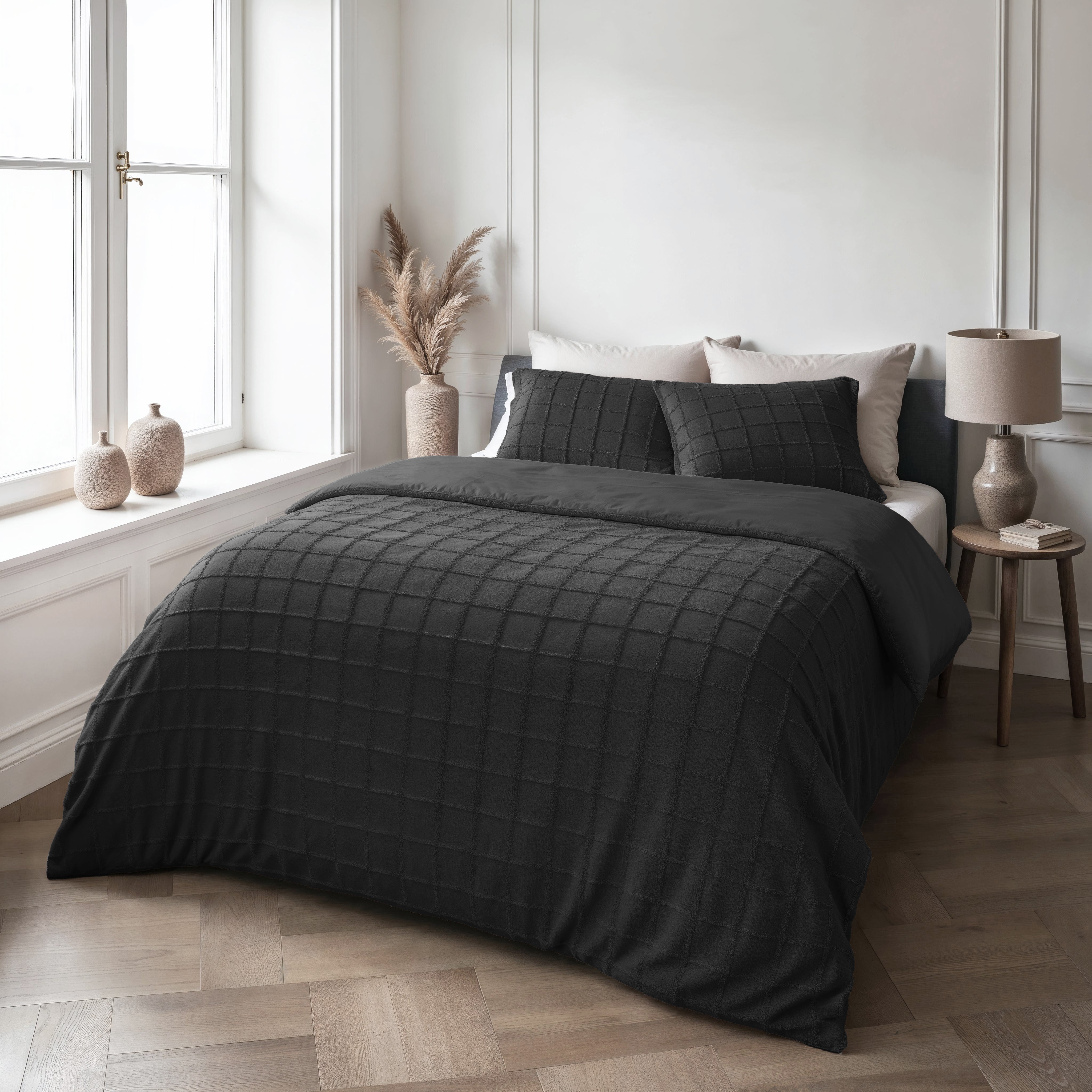Faux Fur Check Dekbedovertrek Zwart - Heerlijk zacht - Chique design - Nepbont
