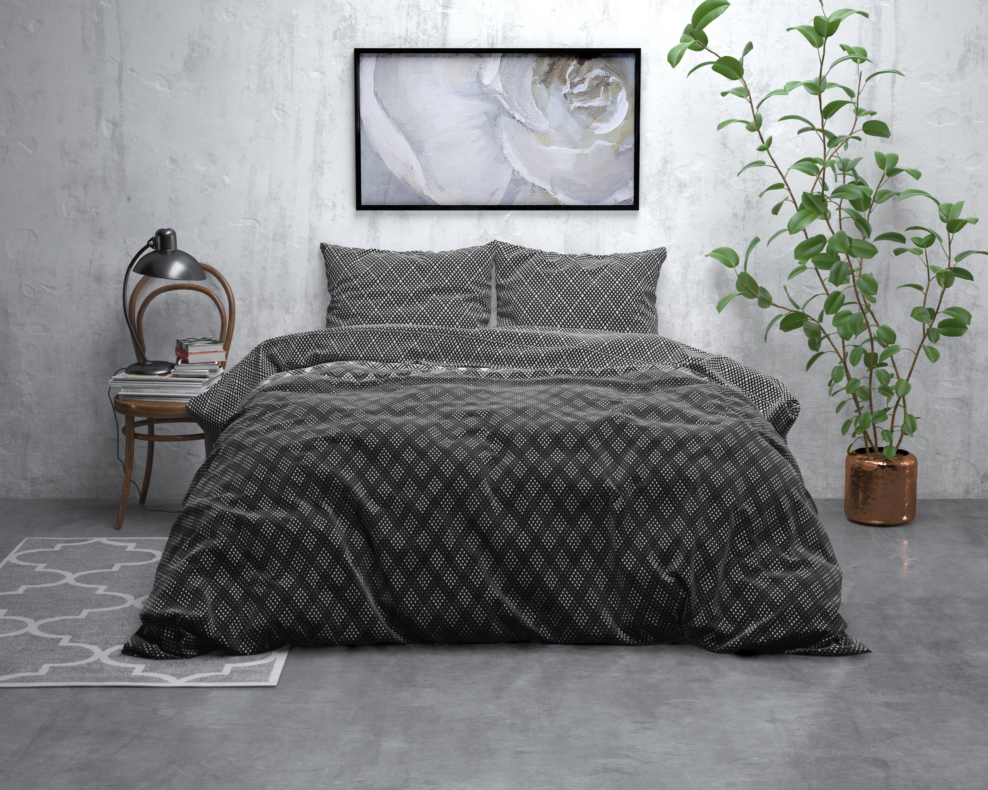 Flanel Dekbedovertrek Cheng Antraciet - Heerlijk warm - Leuke prints - Comfortabel zacht