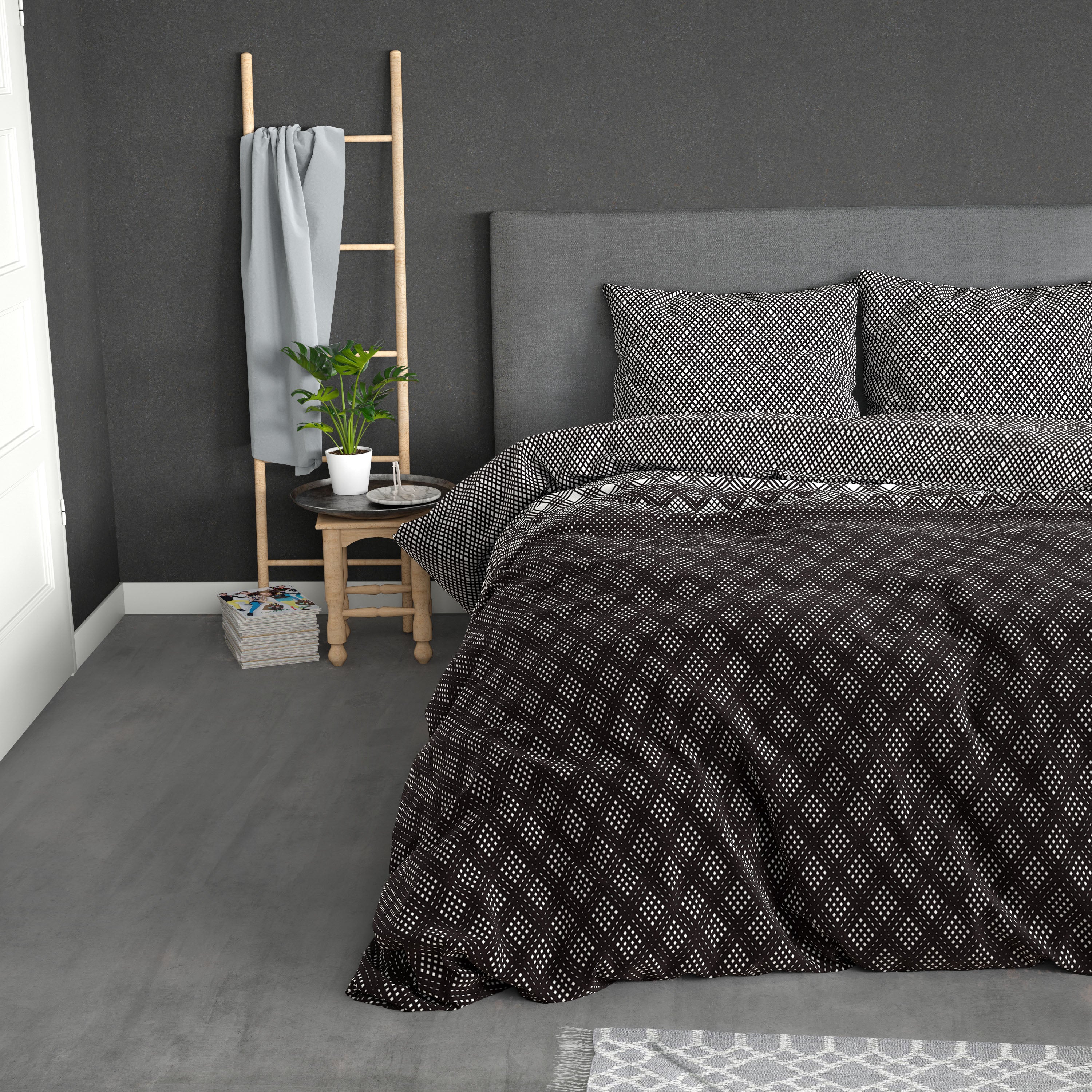 Flanel Dekbedovertrek Cheng Antraciet - Heerlijk warm - Leuke prints - Comfortabel zacht