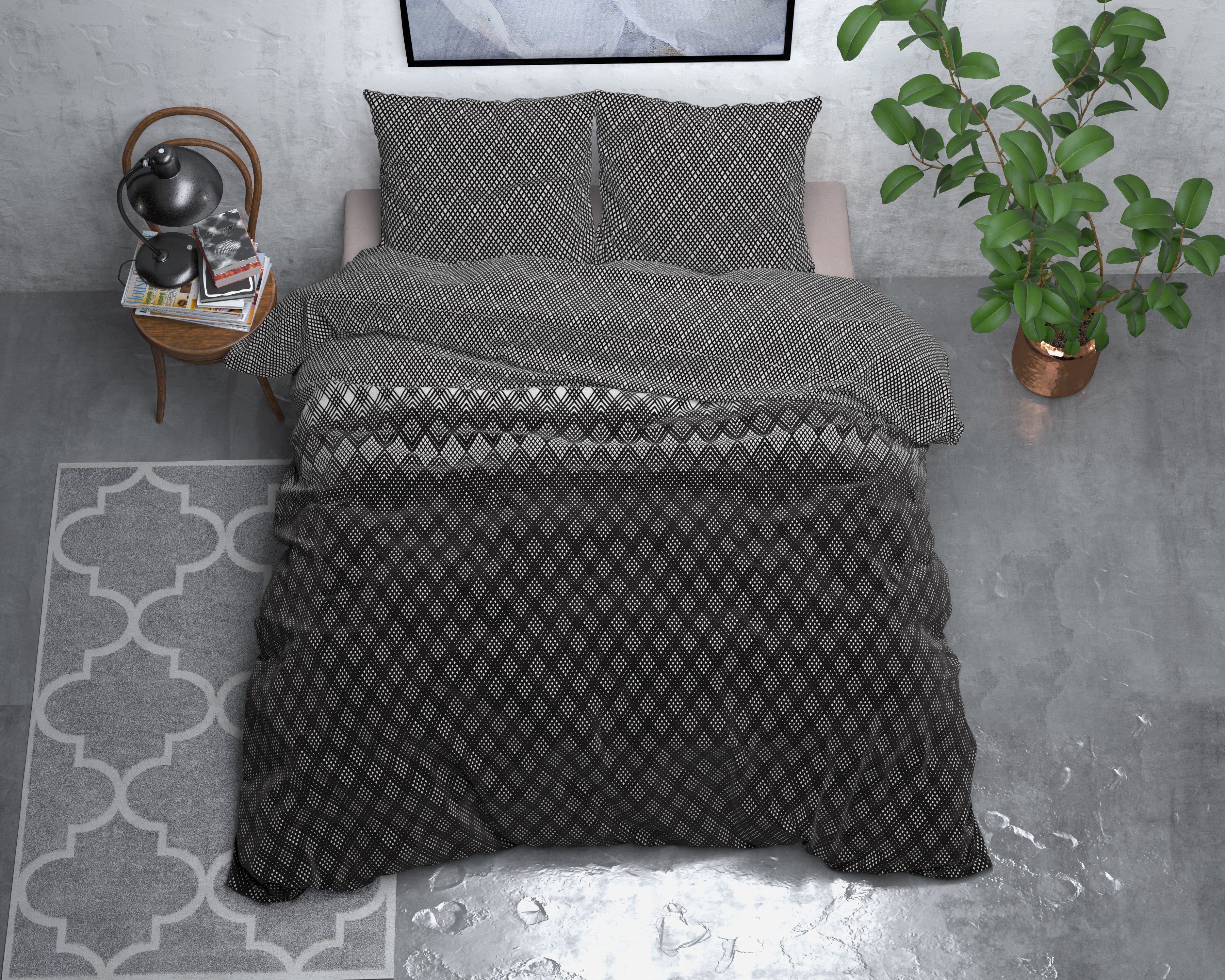 Flanel Dekbedovertrek Cheng Antraciet - Heerlijk warm - Leuke prints - Comfortabel zacht