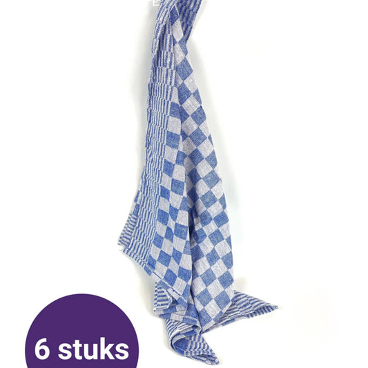 Geblokte Theedoeken Blauw – 6 Stuks | 100% Katoen | Hoogwaardig & Absorberend