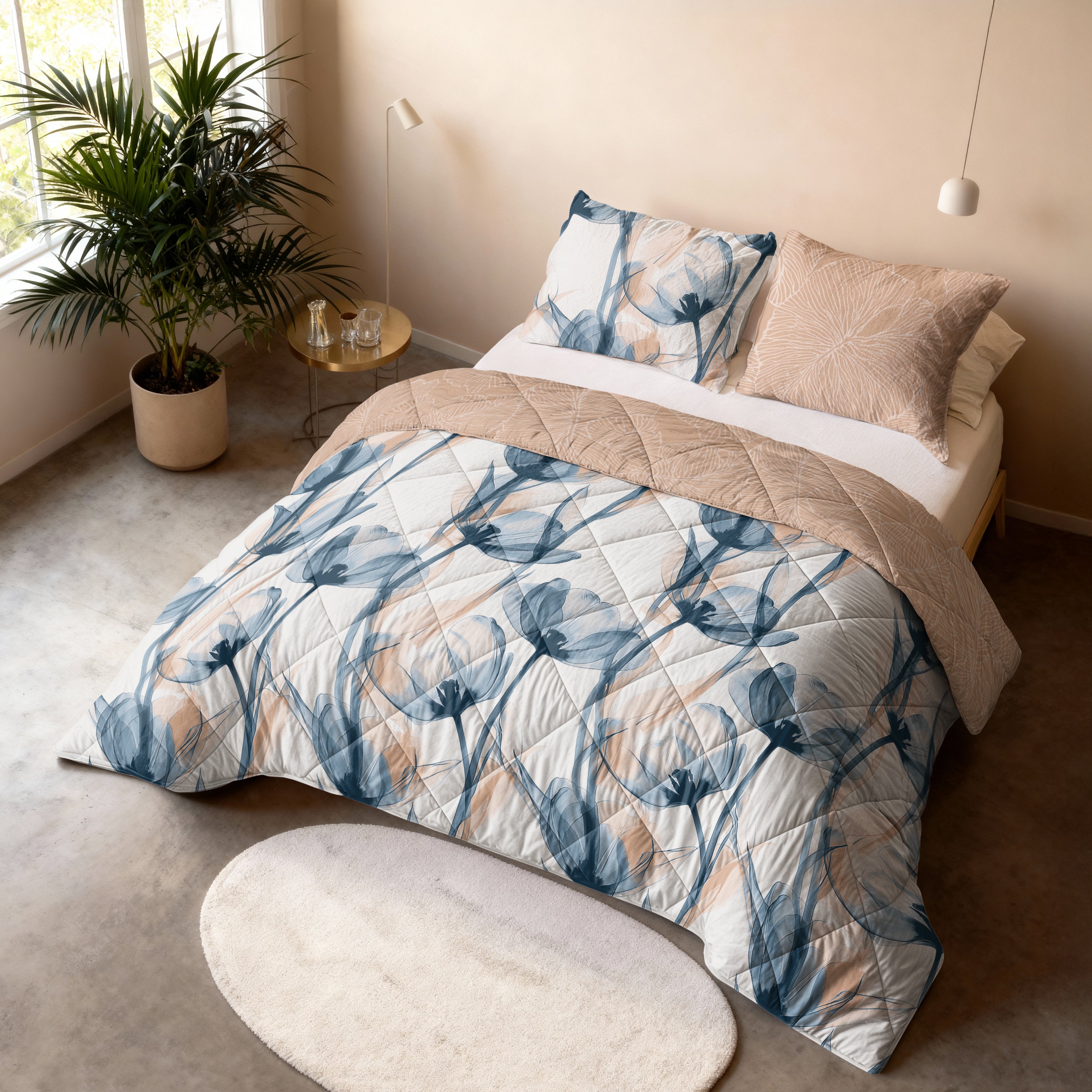 All-in One Lazy Dekbed Glass Flower Blauw - Dekbed met kussenslopen