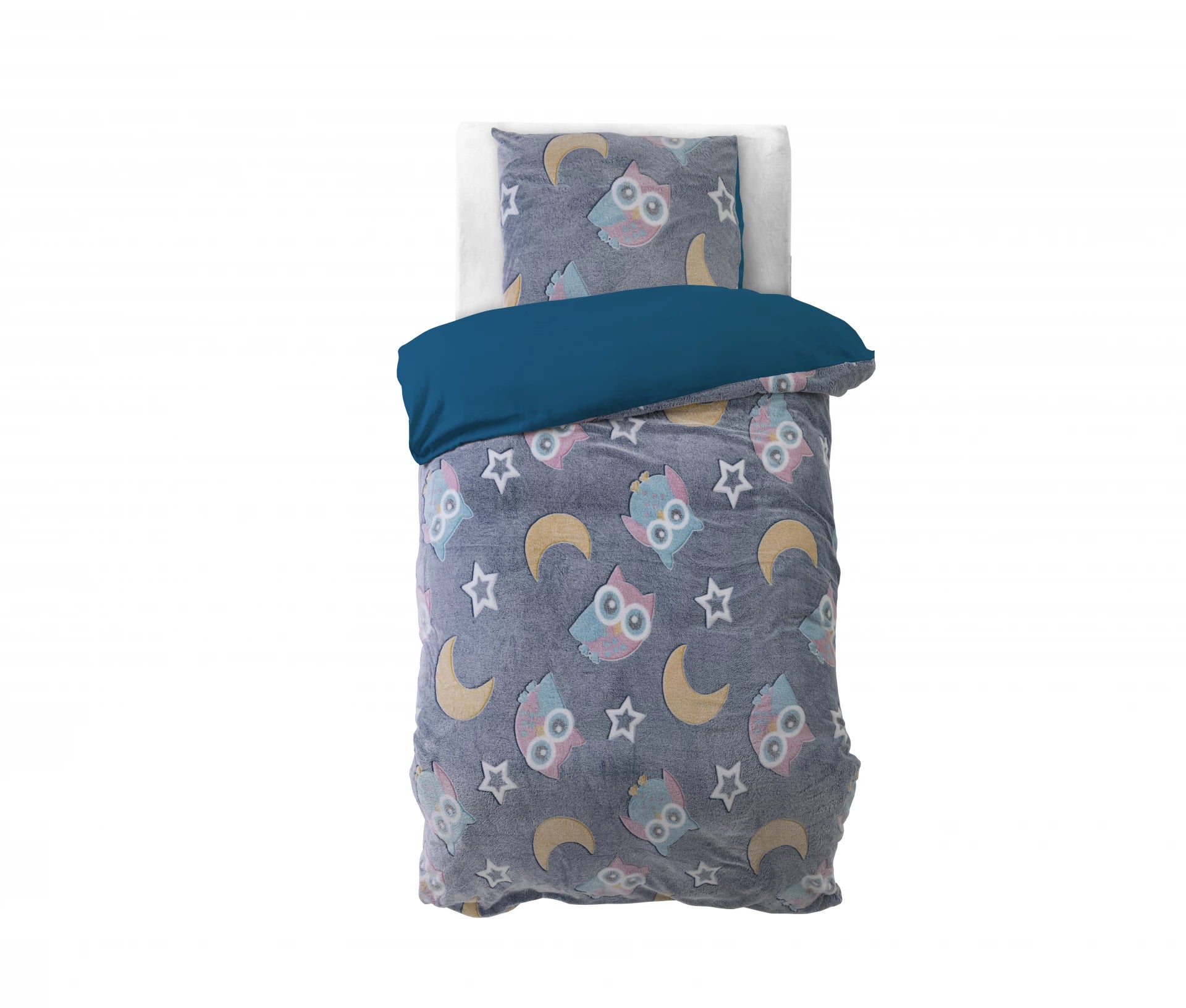 Glow in the dark Dekbedovertrek Night Owl Blauw - Lichtgevend - Super zacht teddy fleece - Heerlijk slapen