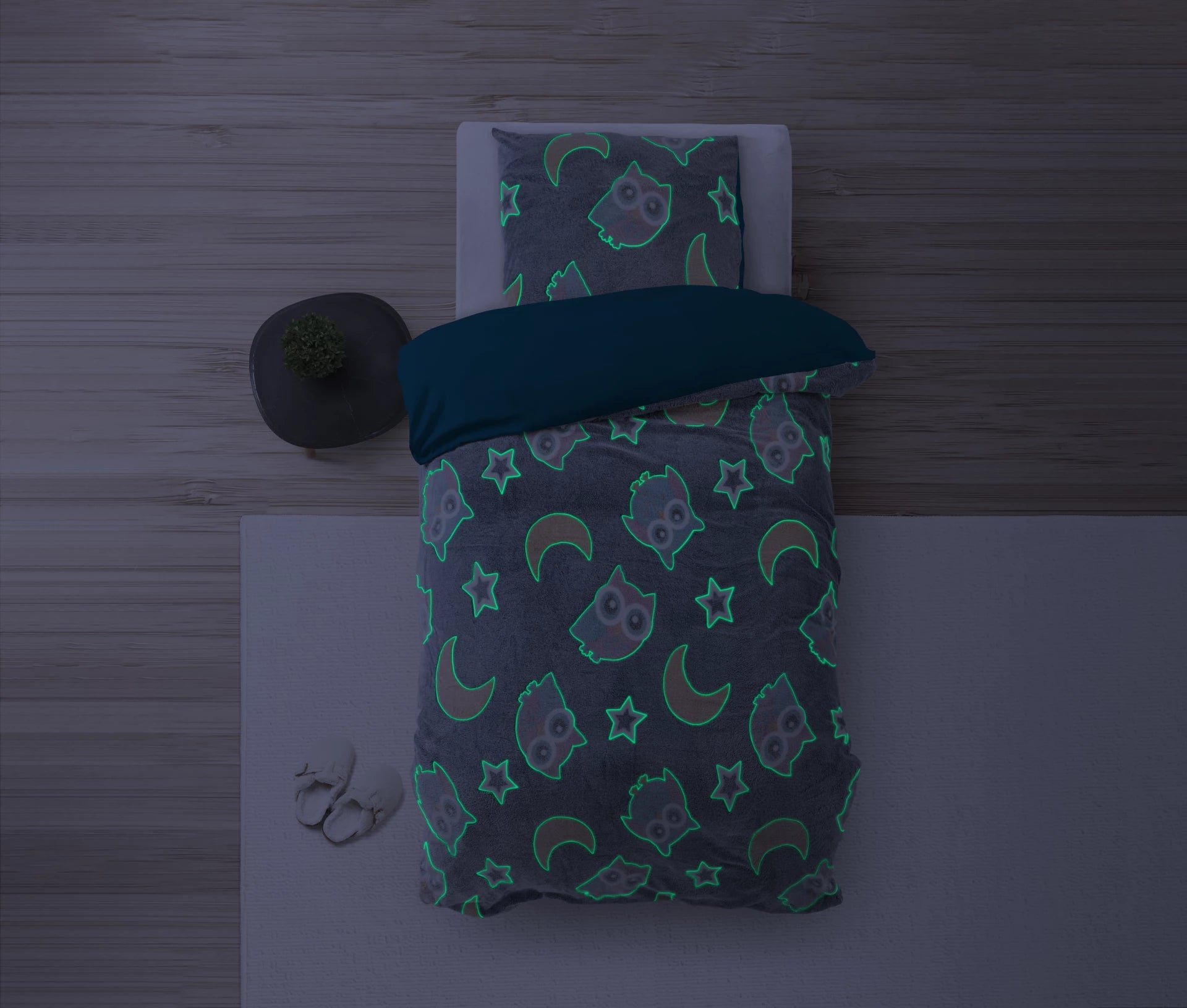 Glow in the dark Dekbedovertrek Night Owl Blauw - Lichtgevend - Super zacht teddy fleece - Heerlijk slapen