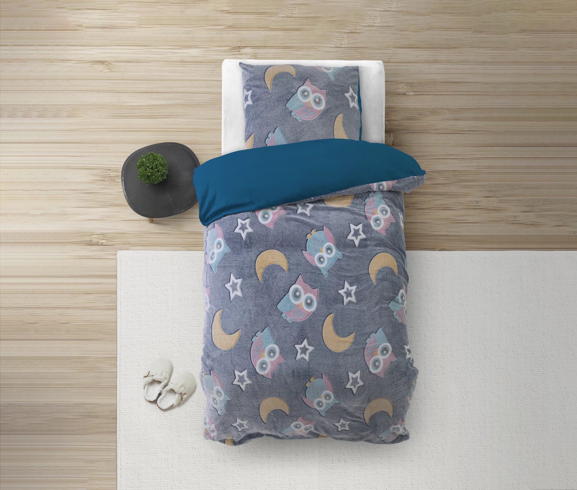 Glow in the dark Dekbedovertrek Night Owl Blauw - Lichtgevend - Super zacht teddy fleece - Heerlijk slapen