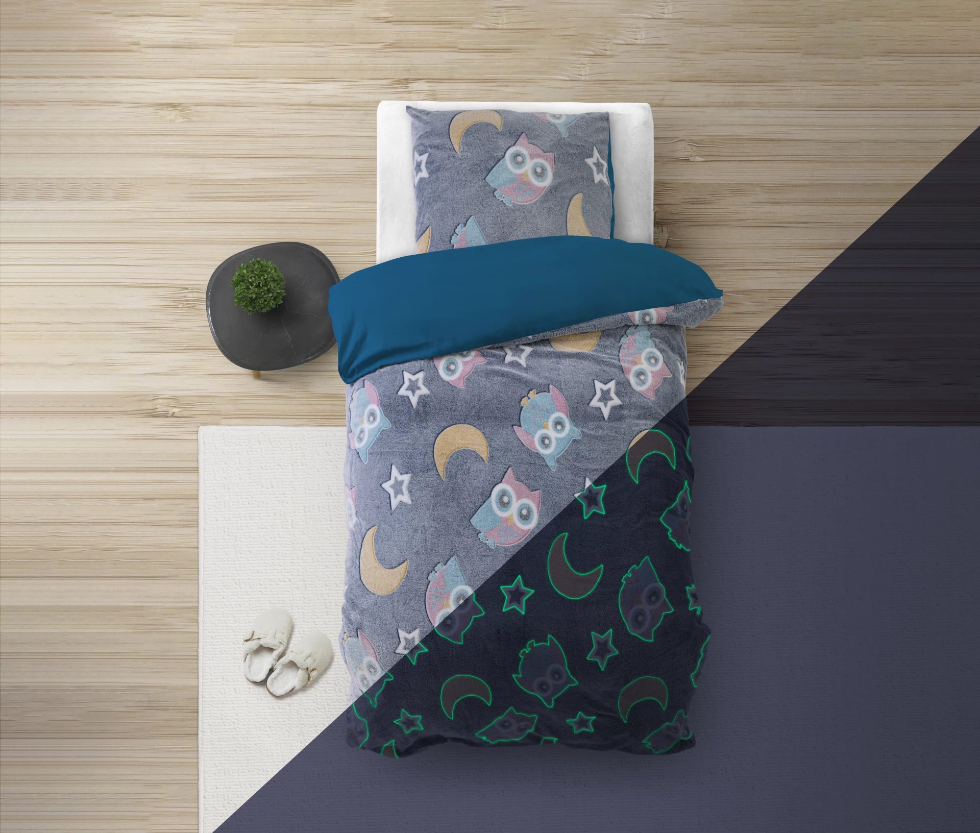 Glow in the dark Dekbedovertrek Night Owl Blauw - Lichtgevend - Super zacht teddy fleece - Heerlijk slapen