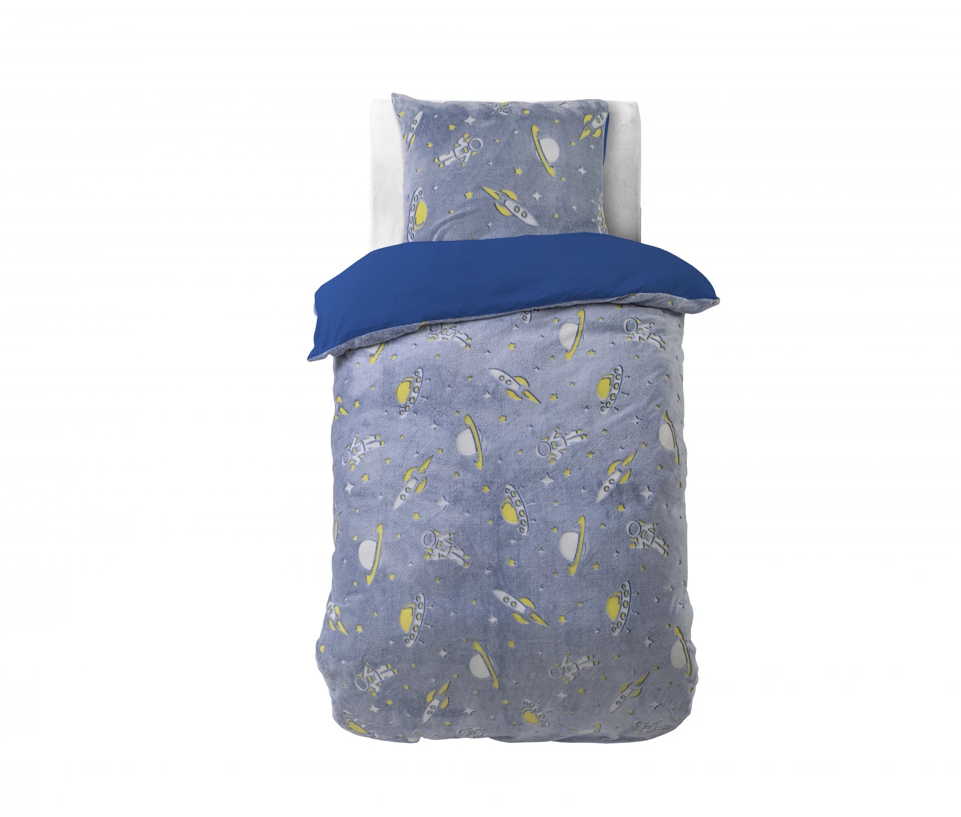 Glow in the dark Dekbedovertrek Space Blauw - Lichtgevend - Super zacht teddy fleece - Heerlijk slapen