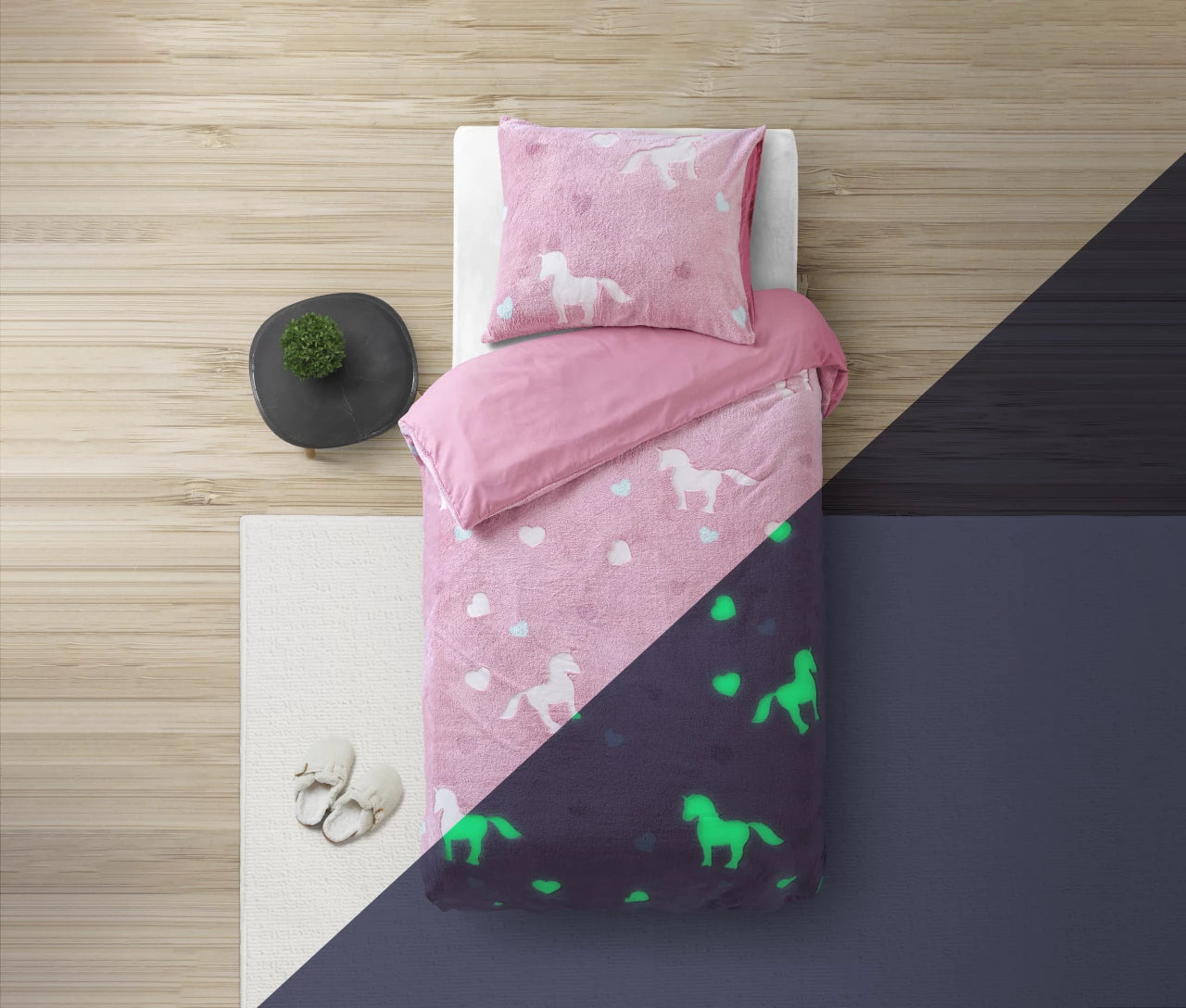 Glow in the dark Dekbedovertrek Unicorn Roze 140 x 200/220 - Lichtgevend - Super zacht teddy fleece - Heerlijk slapen