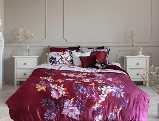 Katoen Satijnen Dekbedovertrek Floral Vine Red & White - Luxe Lits Jumeaux