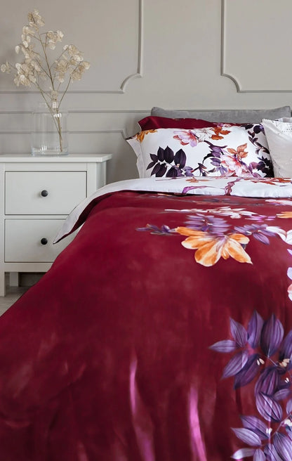 Katoen Satijnen Dekbedovertrek Floral Vine Red & White - Luxe Lits Jumeaux