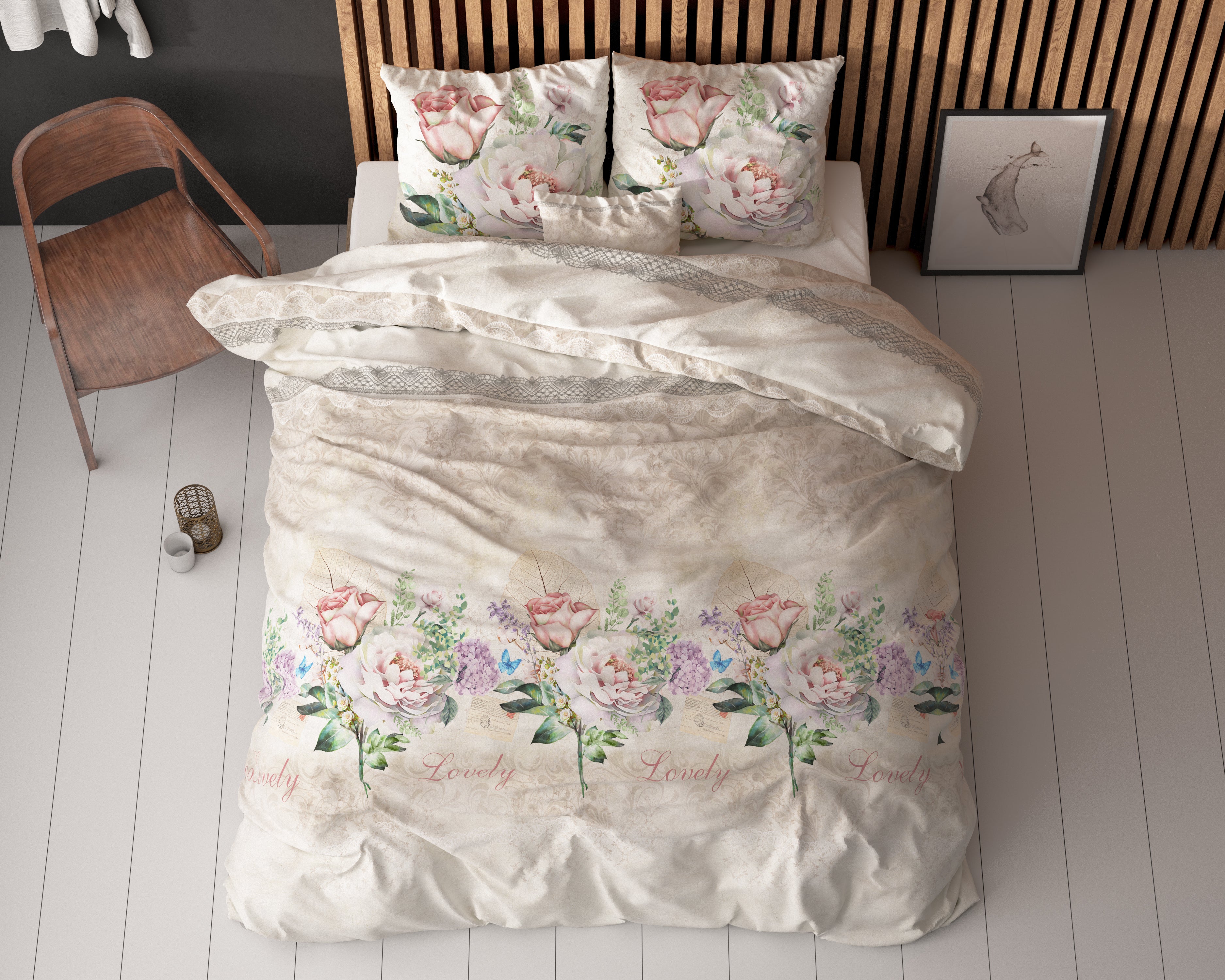 Lovely Flower Dekbedovertrek Beige - Katoen geweven - Strijkvrij - Leuke prints