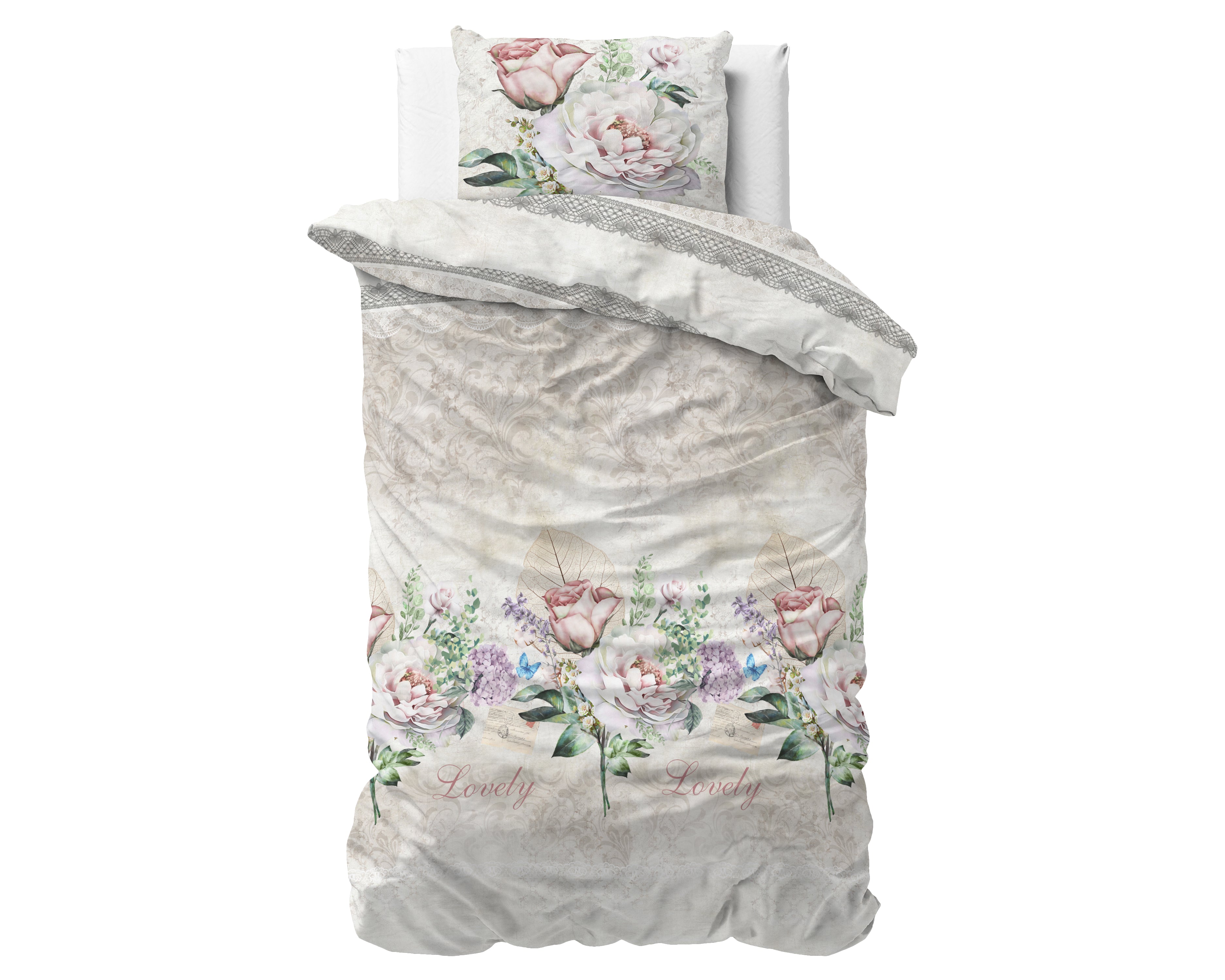 Lovely Flower Dekbedovertrek Beige - Katoen geweven - Strijkvrij - Leuke prints