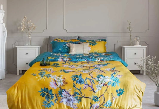 Luxe Katoen Satijnen Dekbedovertrek Floral Vine Yellow & Blue | Thread Count 350 | Lits Jumeaux