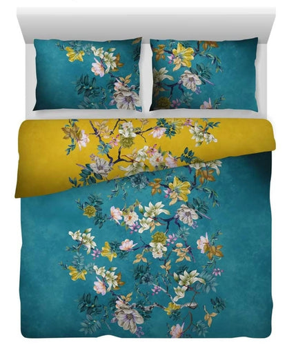 Luxe Katoen Satijnen Dekbedovertrek Floral Vine Yellow & Blue | Thread Count 350 | Lits Jumeaux