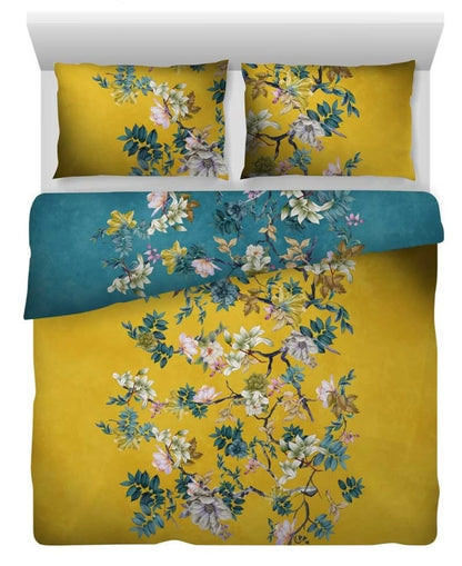 Luxe Katoen Satijnen Dekbedovertrek Floral Vine Yellow & Blue | Thread Count 350 | Lits Jumeaux