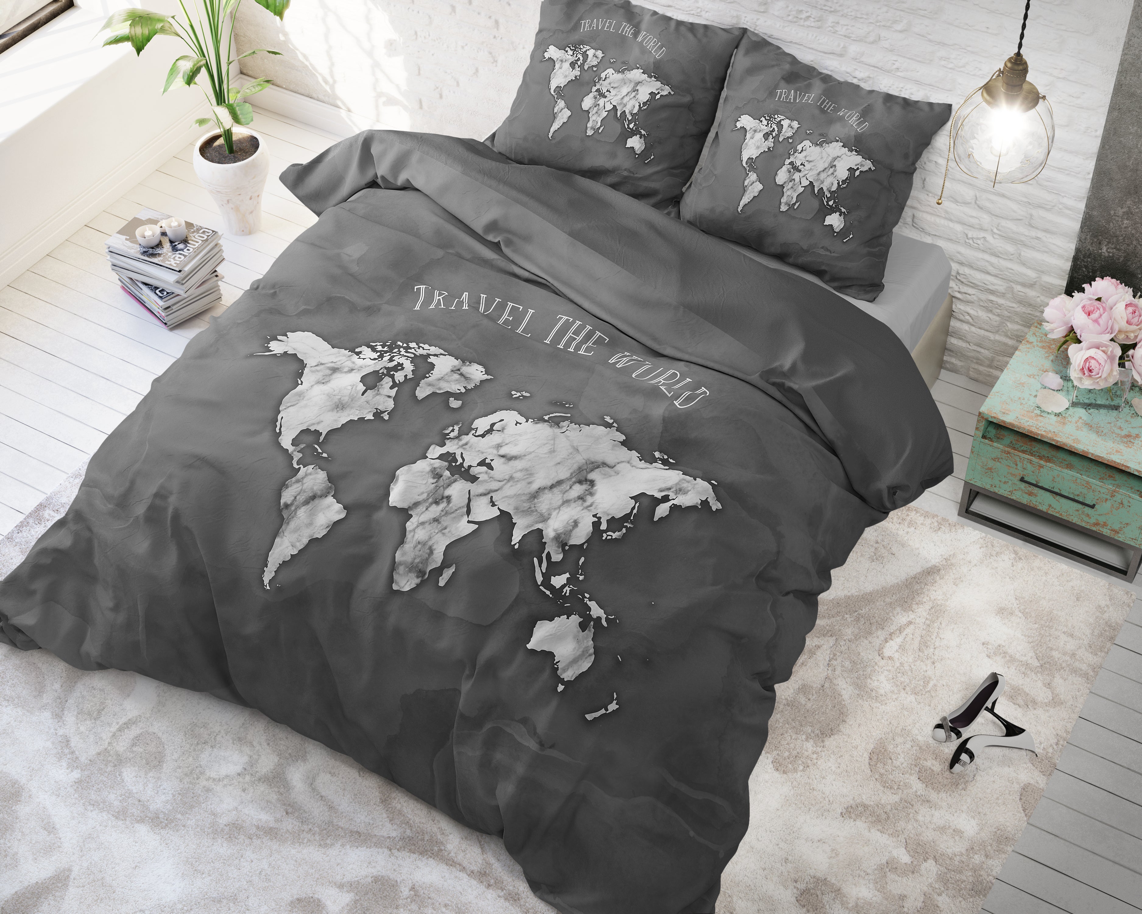 Marble World Dekbedovertrek Antraciet - Ademend katoen - Trendy designs - Met drukknopen