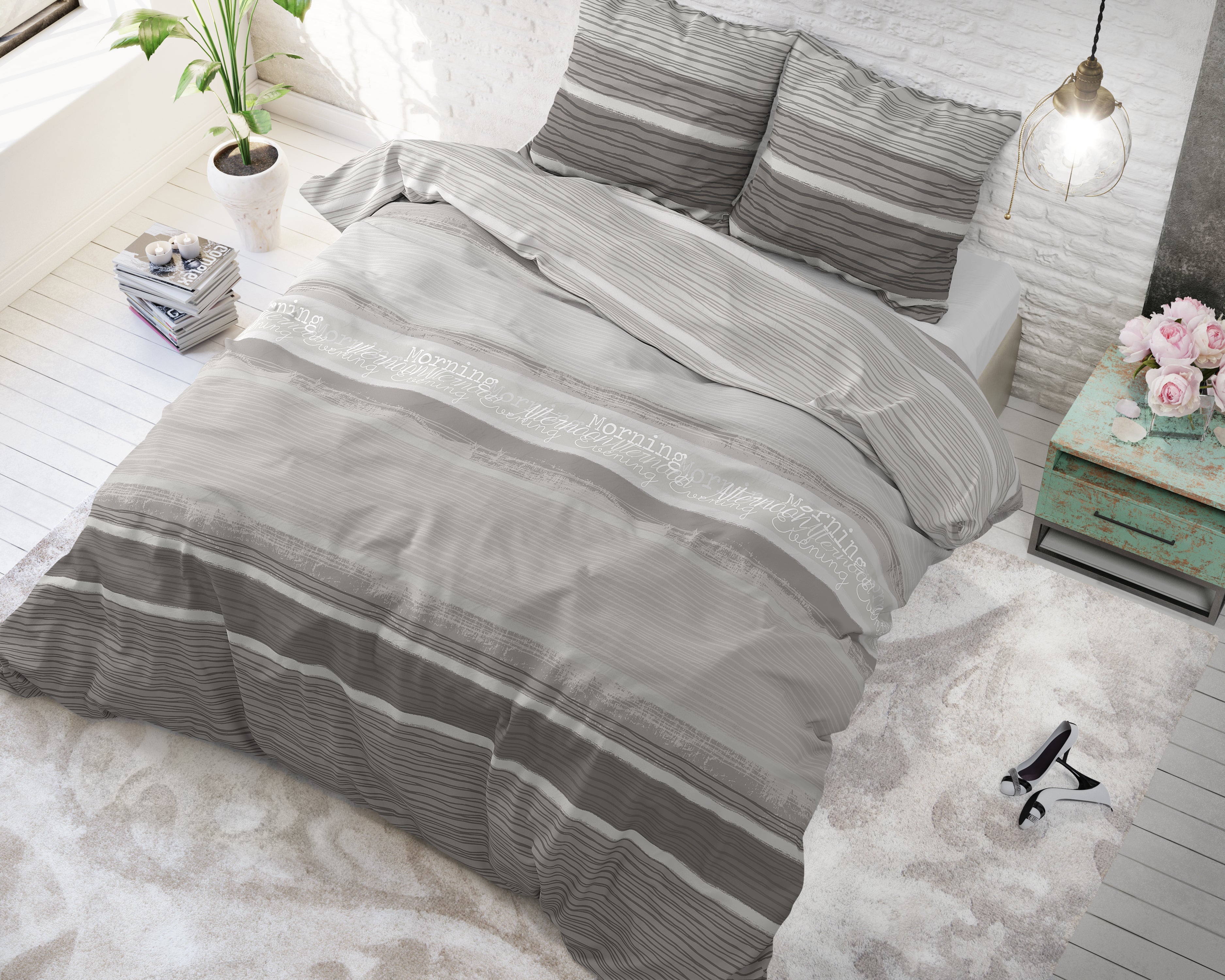Morning Dekbedovertrek Grijs - Ademend katoen - Trendy designs - Met drukknopen