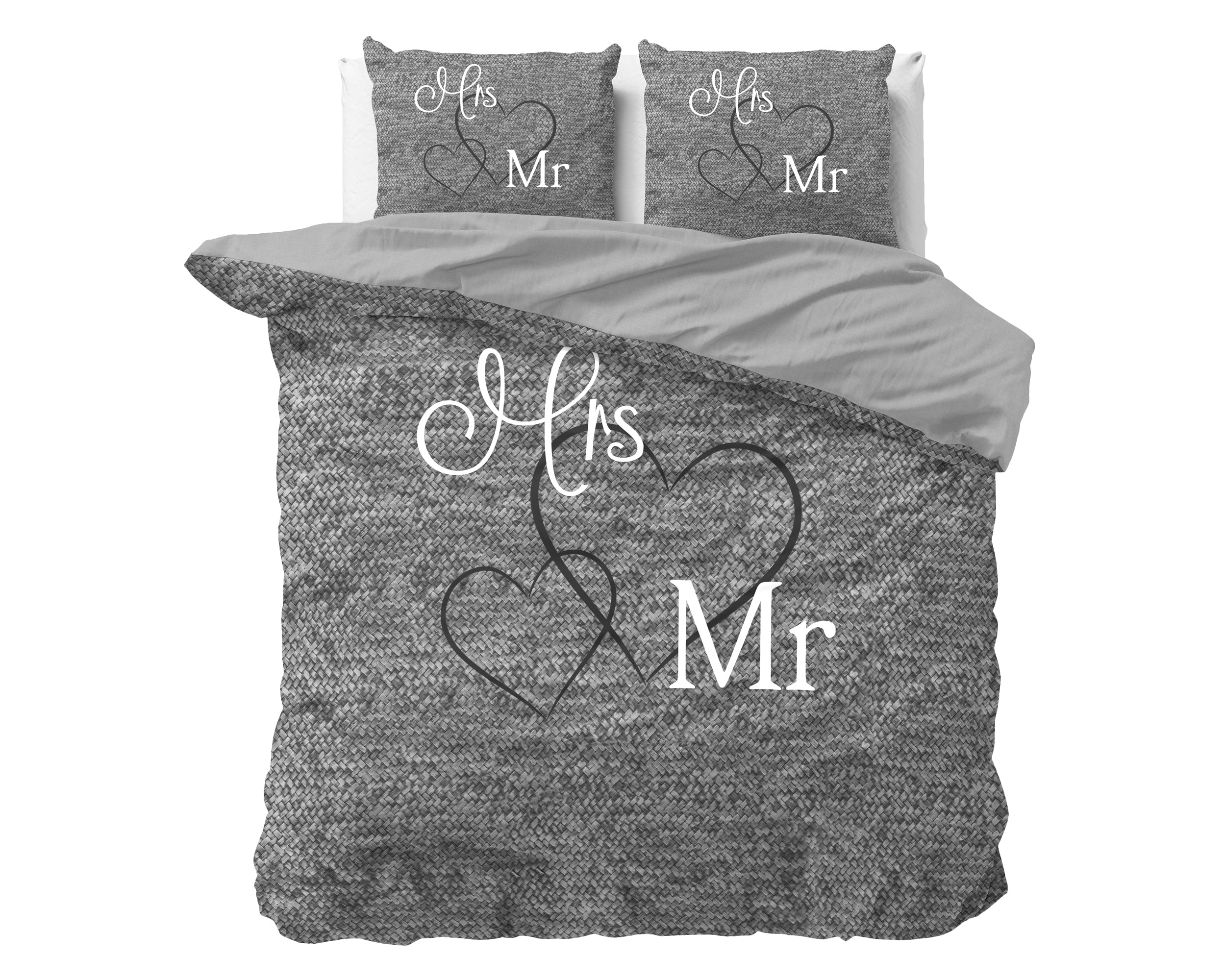 Mr And Mrs 3 Dekbedovertrek Antraciet - Ademend katoen - Trendy designs - Met drukknopen