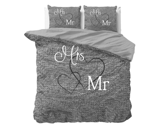 Mr And Mrs 3 Dekbedovertrek Antraciet - Ademend katoen - Trendy designs - Met drukknopen