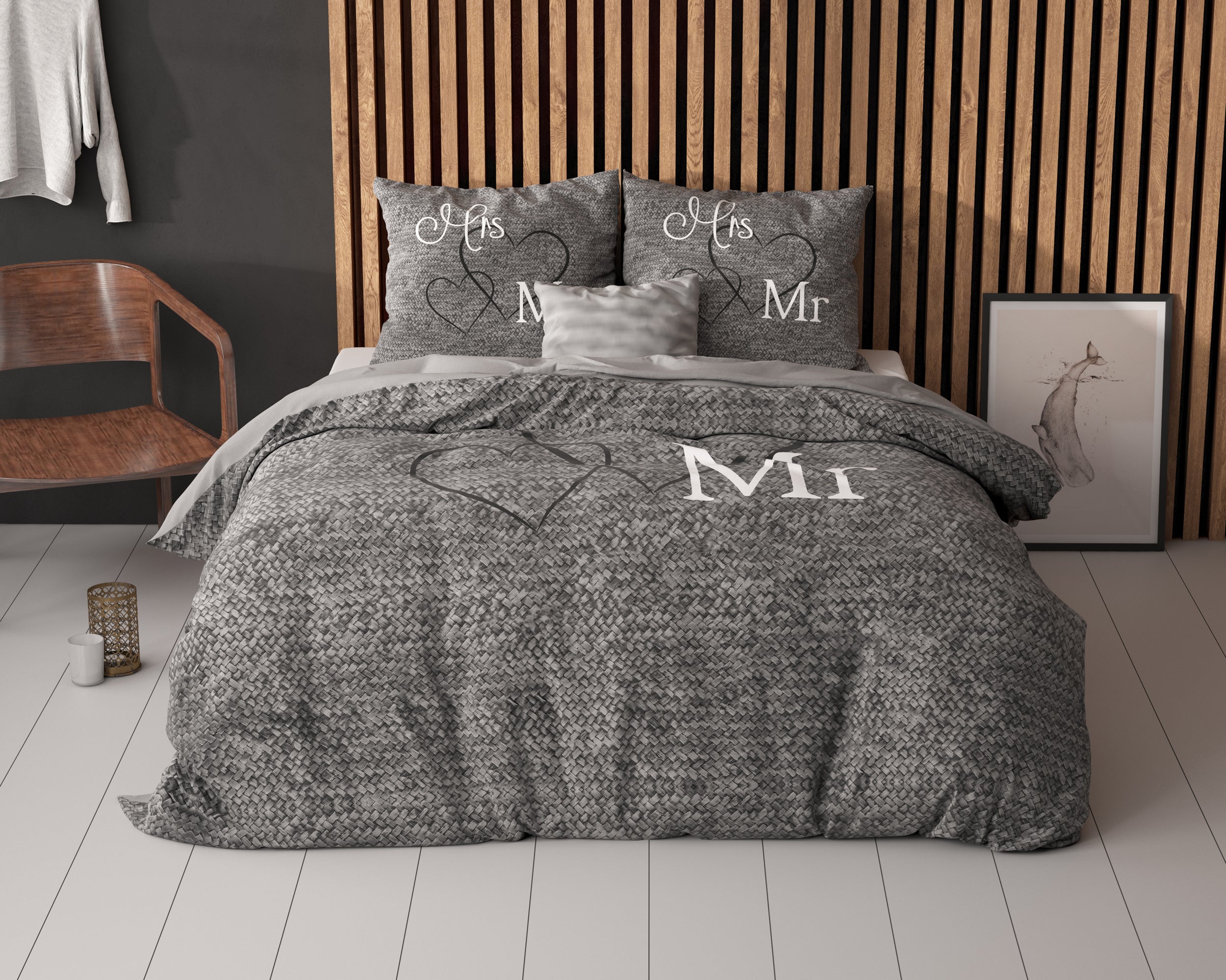 Mr And Mrs 3 Dekbedovertrek Antraciet - Ademend katoen - Trendy designs - Met drukknopen