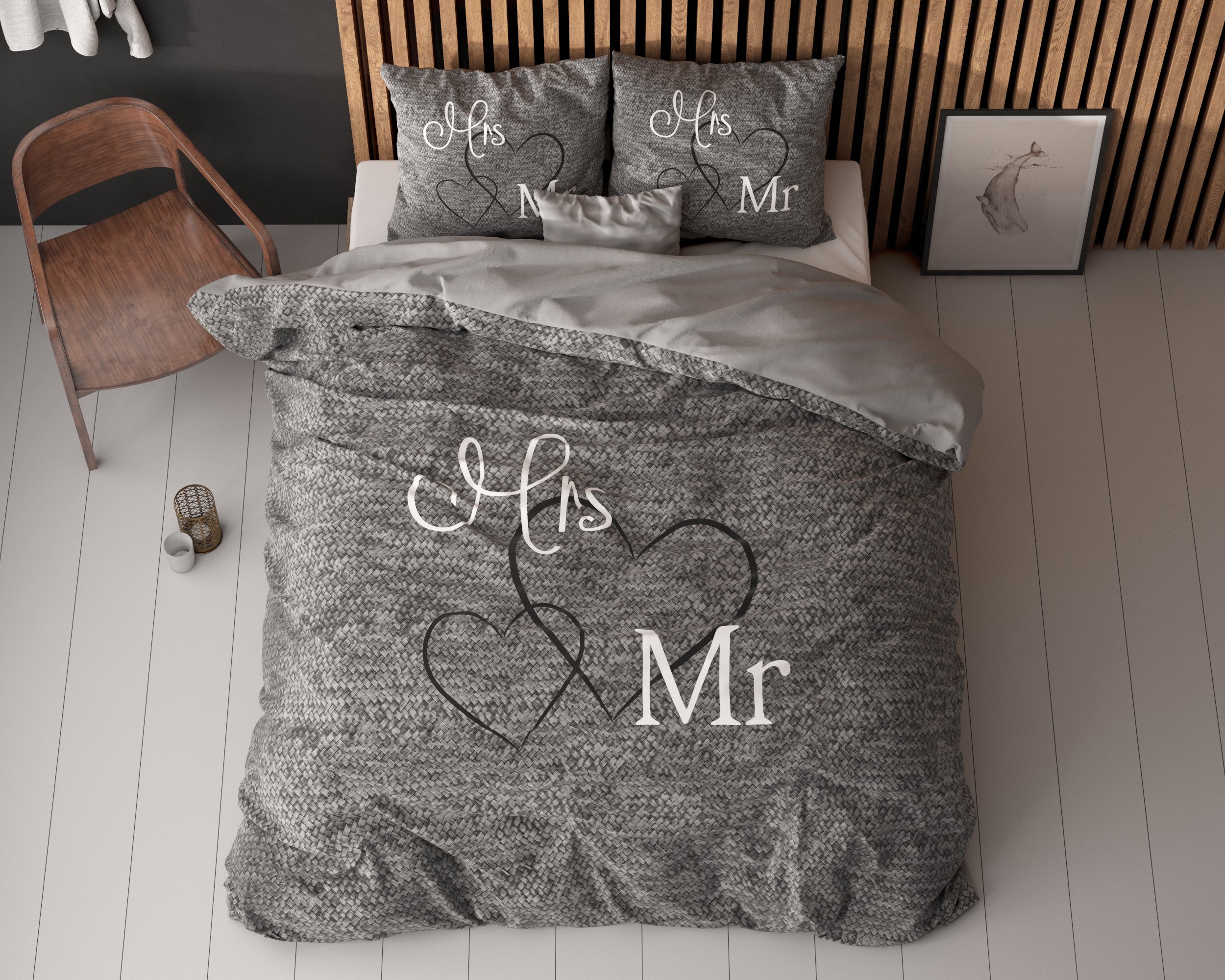 Mr And Mrs 3 Dekbedovertrek Antraciet - Ademend katoen - Trendy designs - Met drukknopen