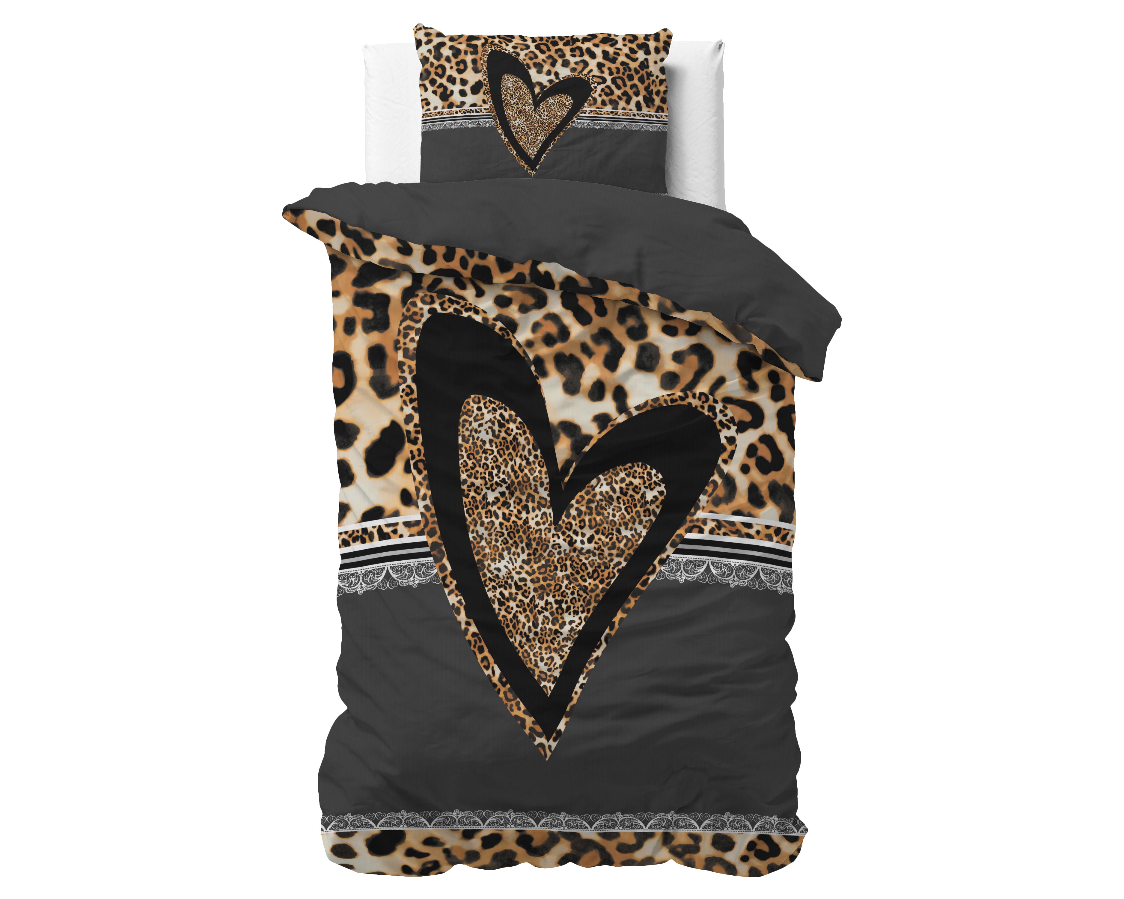Panther Love Heart Dekbedovertrek Bruin - Ademend katoen - Trendy designs - Met drukknopen