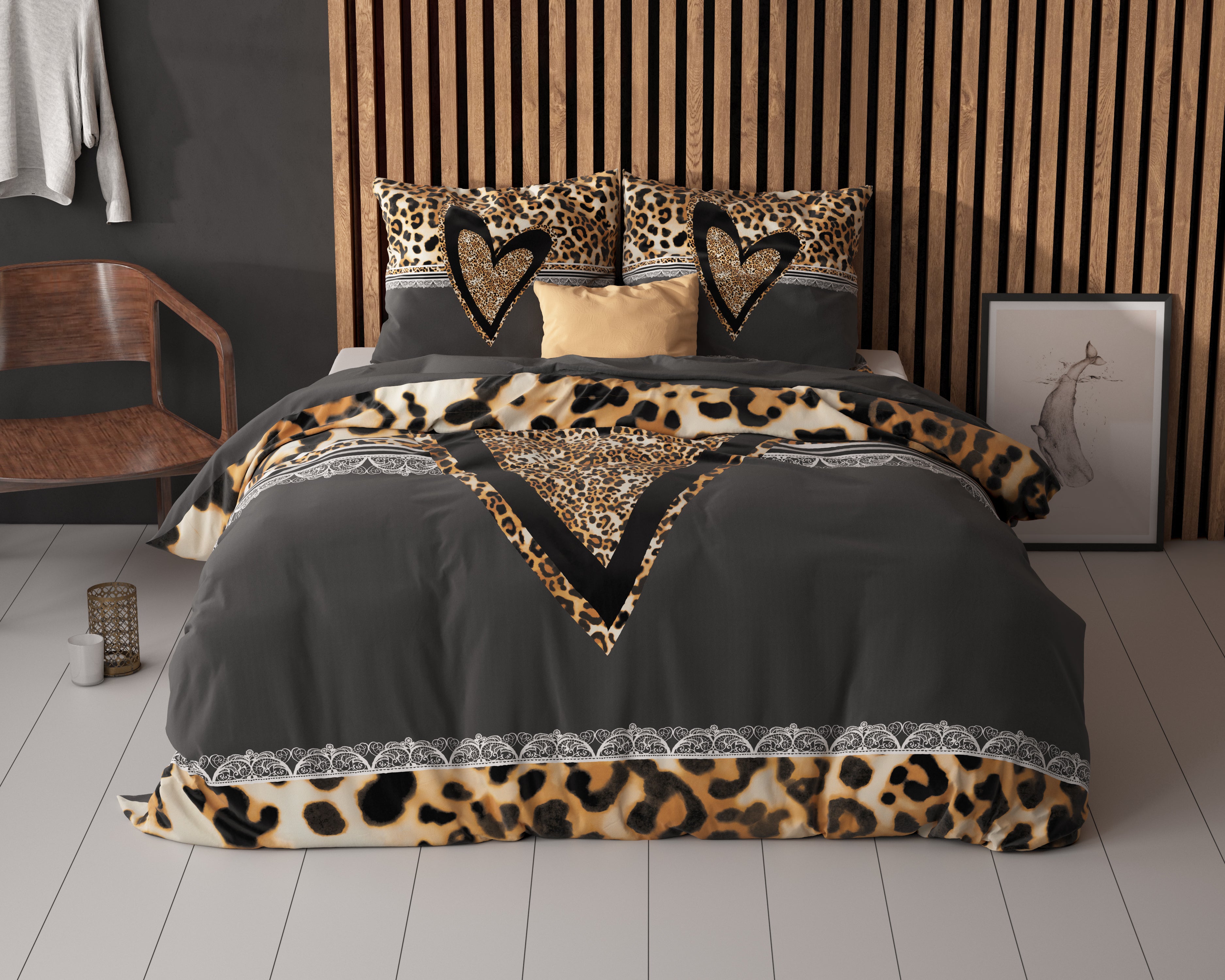Panther Love Heart Dekbedovertrek Bruin - Ademend katoen - Trendy designs - Met drukknopen