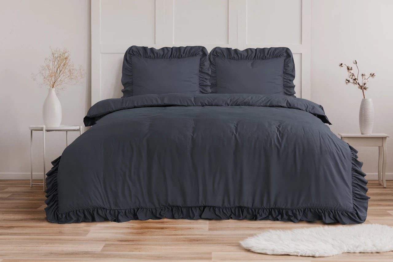 Ruffles Dekbedovertrek Antraciet - Ruches overal rondom - Trendy design - Heerlijk zacht