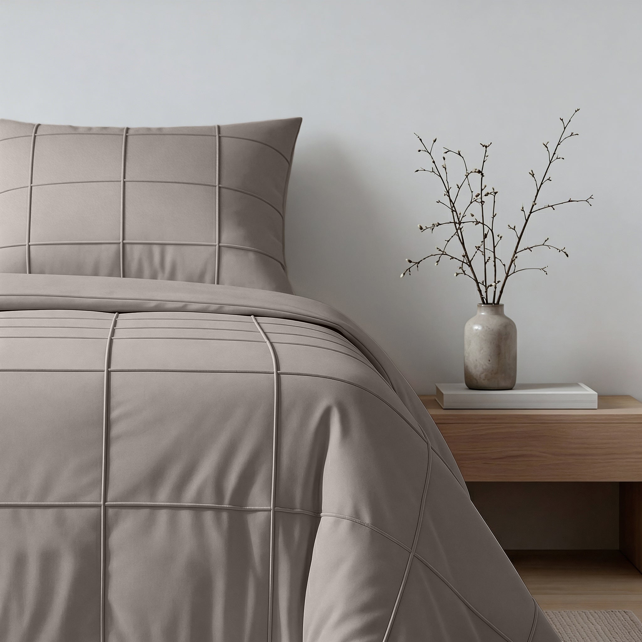 Sleeptime Check Pintuck Dekbedovertrek - Taupe/Grijs - 100% Microvezel