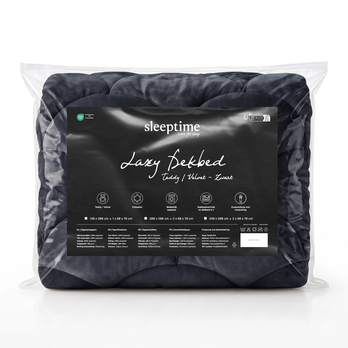Sleeptime Lazy Dekbed - Teddy/Velvet - Zwart - Met kussenslopen