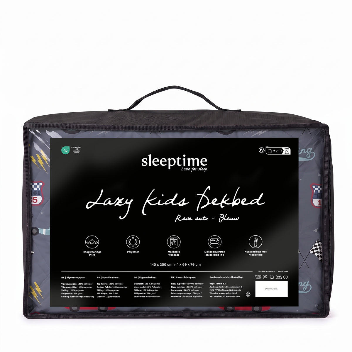 Sleeptime Lazy Kids Dekbed Race Auto Blauw - 140 x 200 cm met sloop