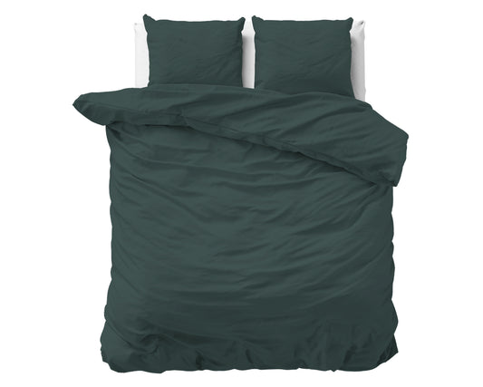 Stone washed Dekbedovertrek Dark Groen - Ademend katoen - Uni design - Duurzaam verpakt