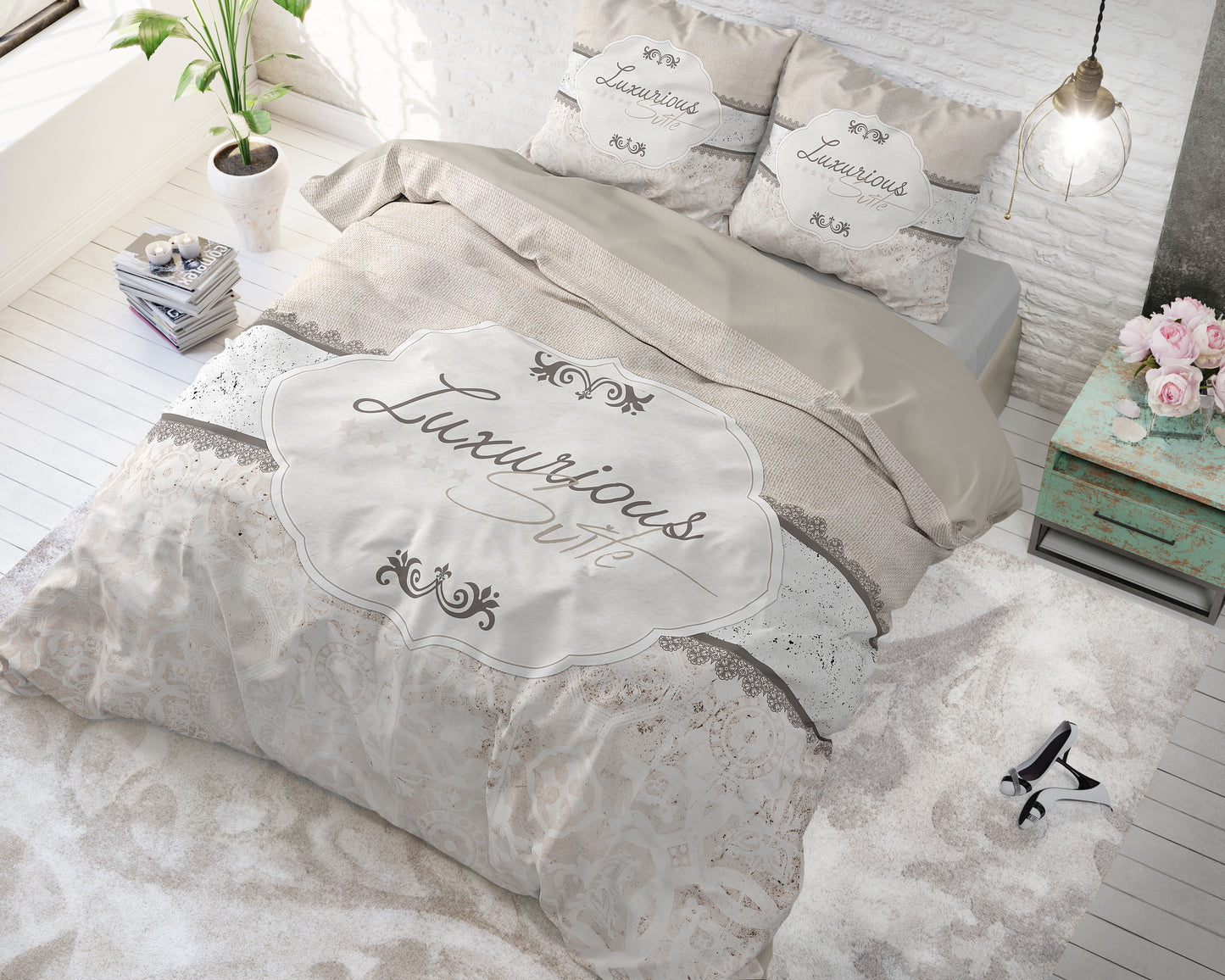 Suite 2 Dekbedovertrek Taupe - Ademend katoen - Trendy designs - Met drukknopen