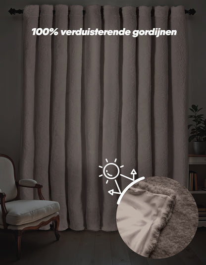 Teddy Gordijnen Black Out Taupe - Keuze uit met ringen of haken - Verduisterende gordijnen - Trendy teddy stof