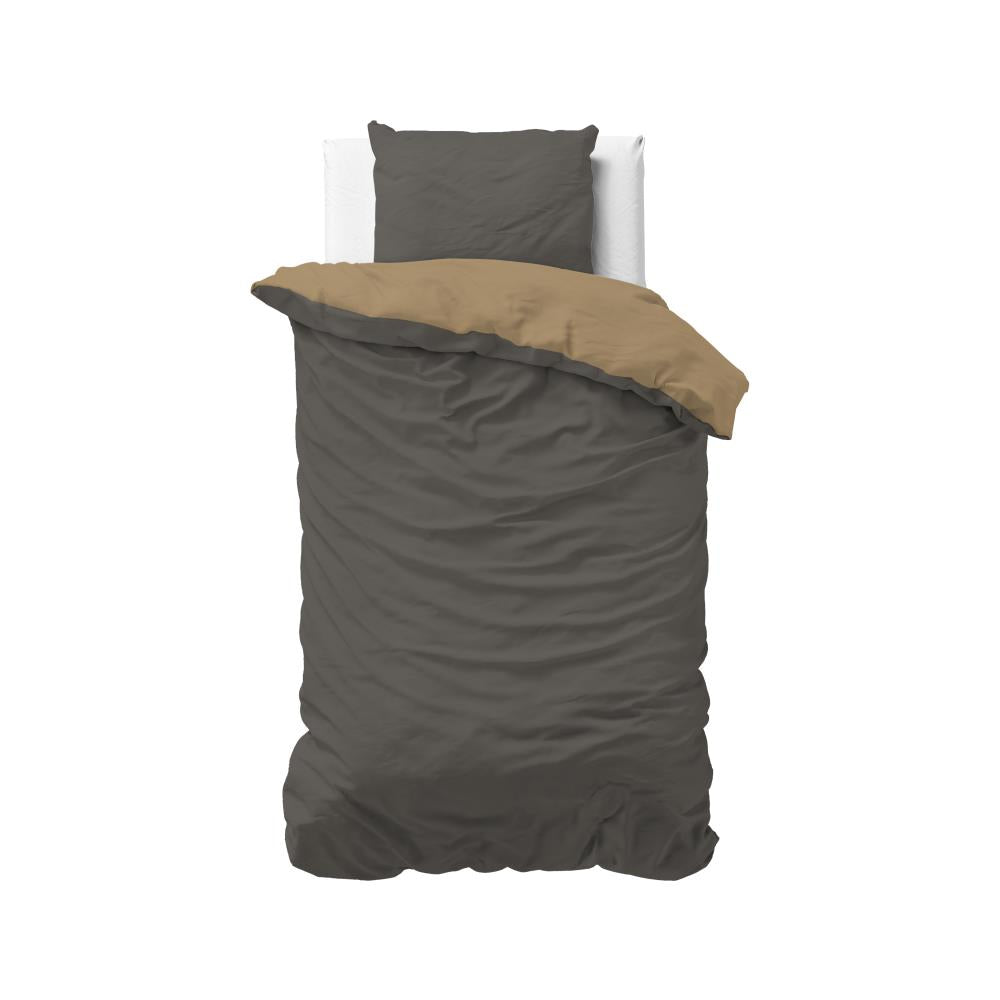 Twin Face Dekbedovertrek Taupe/Antraciet - Uni design - Makkelijk wasbaar - Diepdruk design