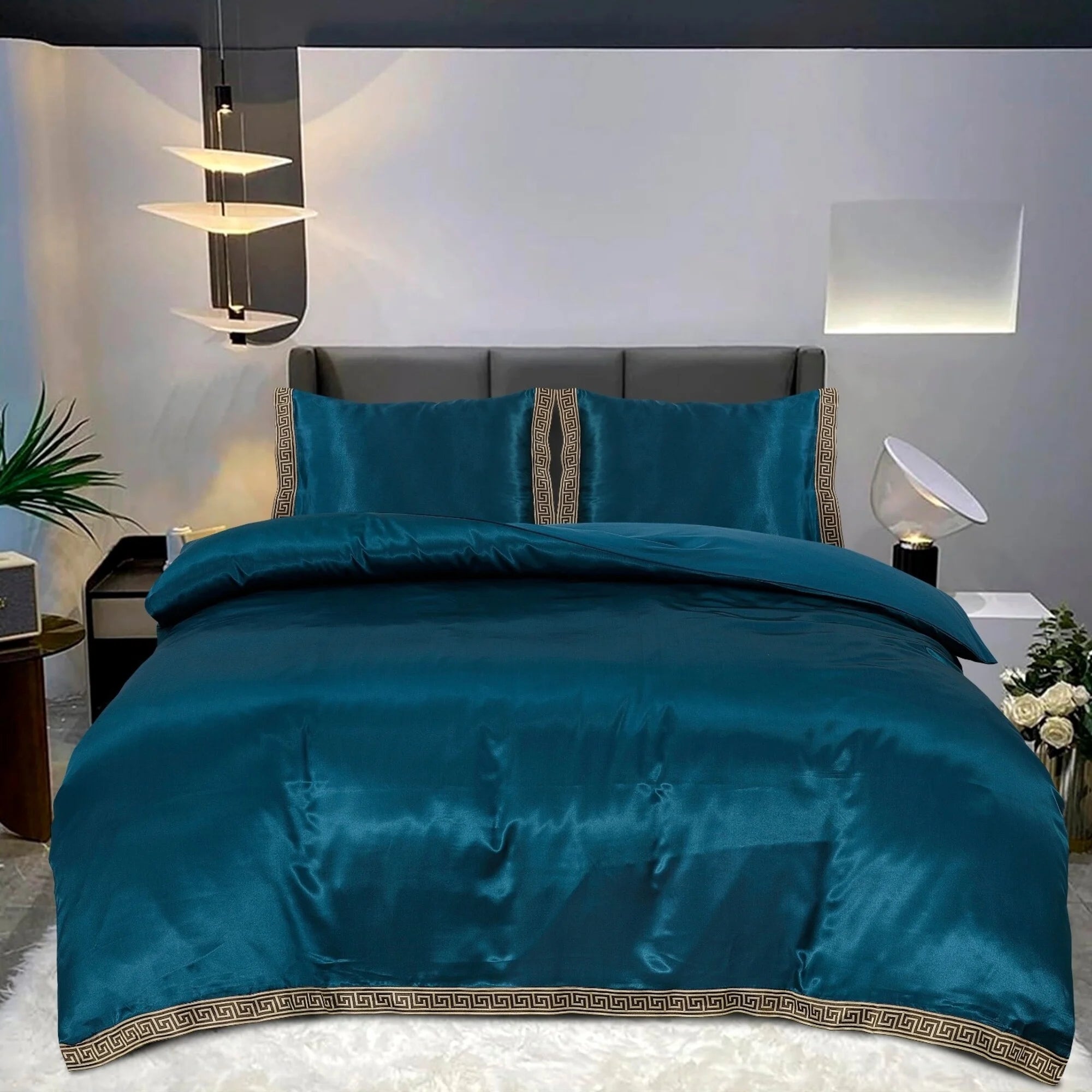 Glanzend Satijnen Dekbedovertrek Petrol Blauw met Lace - Griekse Sleutel