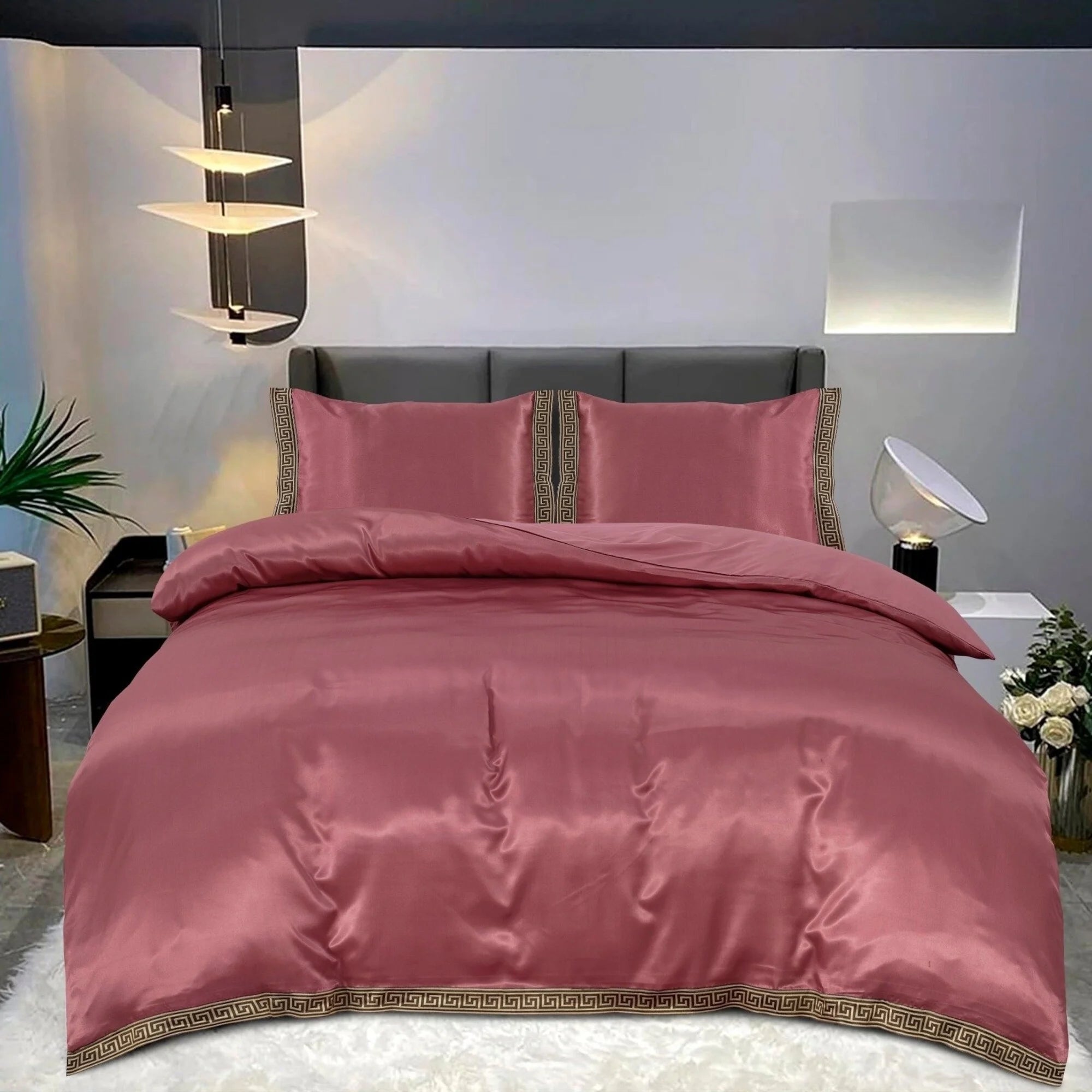 Glanzend Satijnen Dekbedovertrek Rosewood met Lace - Griekse Sleutel